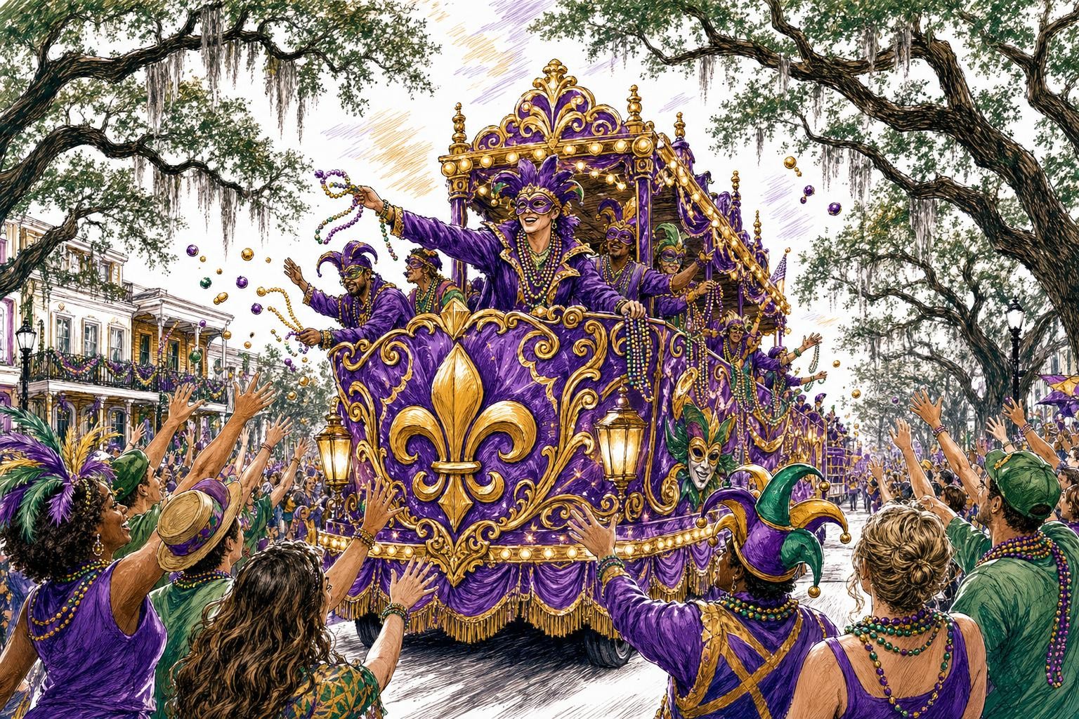 A vibrant New Orleans Mardi Gras parade scene on St. Charles Avenue: an ornate illuminated float rolling under live oak trees, crowds reaching up to catch beads, masked riders tossing throws. Festive Mardi Gras colors - purple #6b21a8, gold #c8a23c, and green. Daytime-to-dusk celebratory atmosphere, joyful and lively.