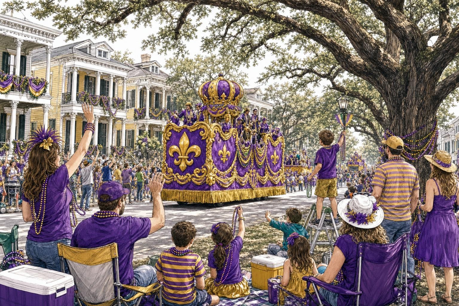 A warm, inviting daytime scene of a Mardi Gras parade rolling down a tree-lined St. Charles Avenue in Uptown New Orleans: historic homes and grand oak canopies, families on the neutral ground with ladders and folding chairs, purple-green-gold beads and decorations, a colorful float in the background. Authentic neighborhood feel, not Bourbon Street. Bright, editorial travel-guide style. Purple (#6b21a8) and gold (#c8a23c) accents.