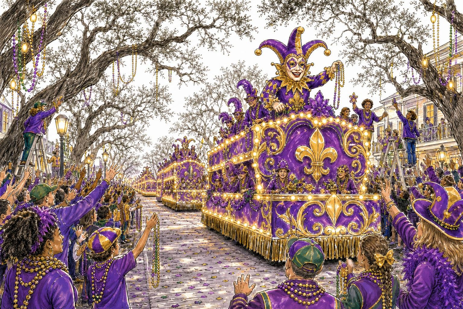 Wide-angle view of a Mardi Gras parade rolling down a tree-lined avenue at dusk, colorful illuminated floats passing beneath a canopy of oak trees, crowds of spectators on both sides with beads and ladders visible