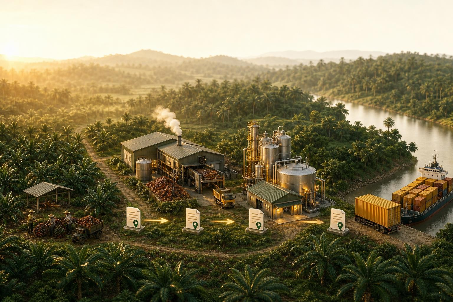 Isometric diagram of a palm oil supply chain: smallholder plots on the left feeding into a central mill, then a refinery, then a shipping container bound for Europe, with document icons at each handover point representing geolocation data and compliance records