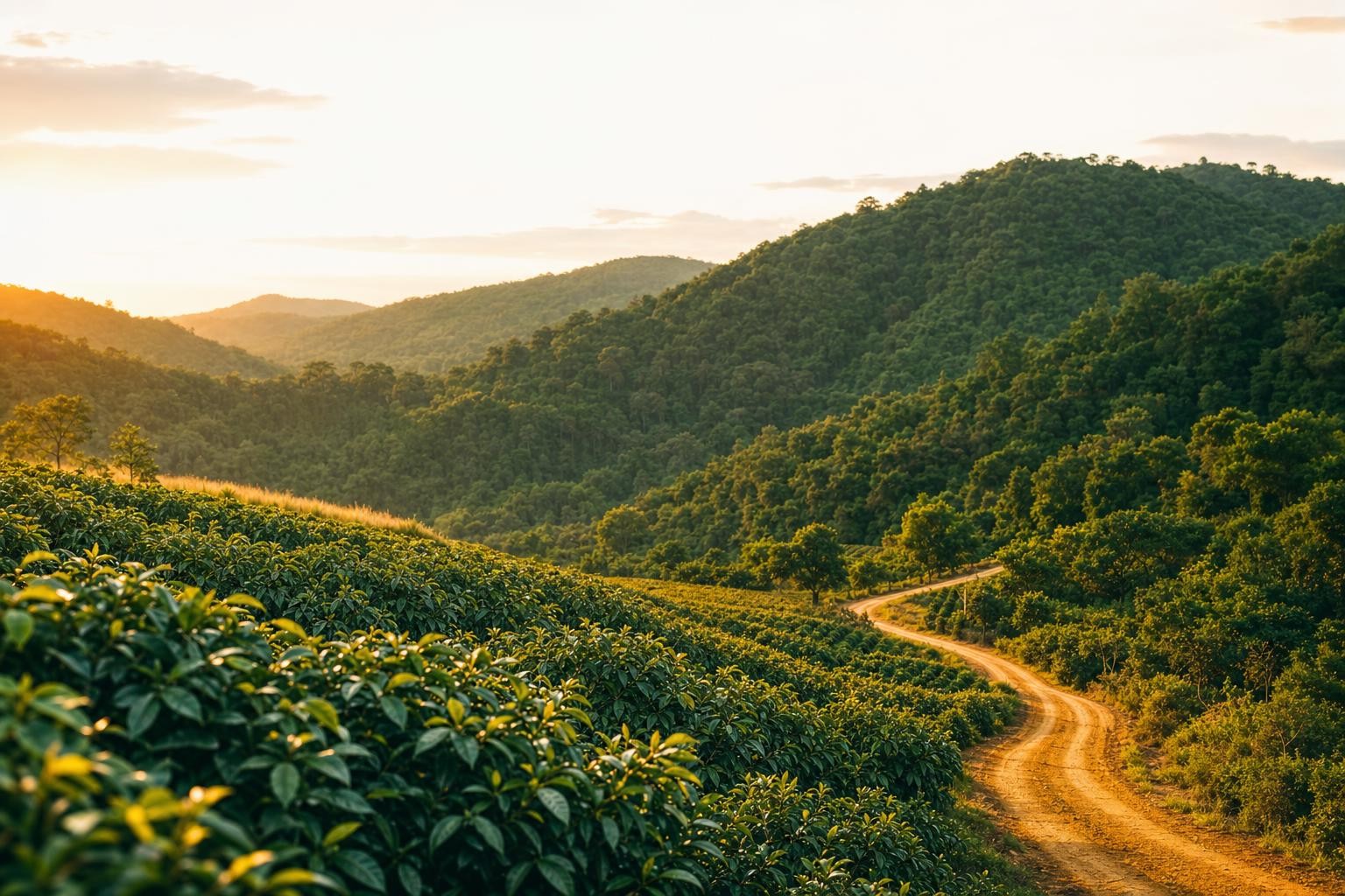 A wide landscape suggesting a supply chain across land: cultivated commodity fields in the foreground giving way to forested hills, a winding rural road threading through - evoking goods moving from farm onward. Golden-hour light, soft depth of field, no people, no text, no logos. Calm editorial documentary feel matching the EUDR hub's forest-green and warm-paper brand.