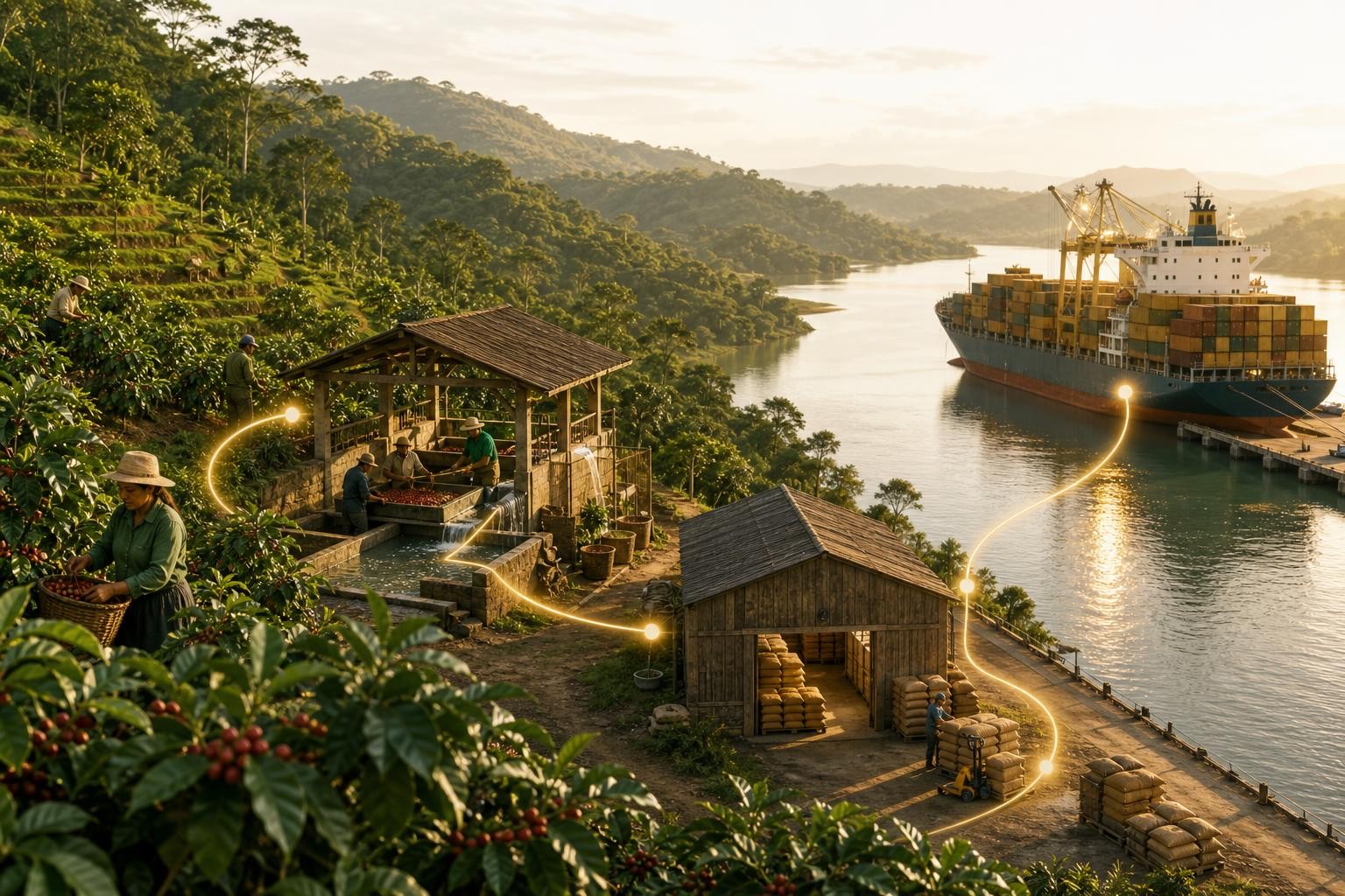 Isometric illustration of a multi-tier coffee supply chain: smallholder farms on hillside plots feeding into a cooperative washing station, then an exporter warehouse, then a container ship bound for Europe, with data flow arrows connecting each stage