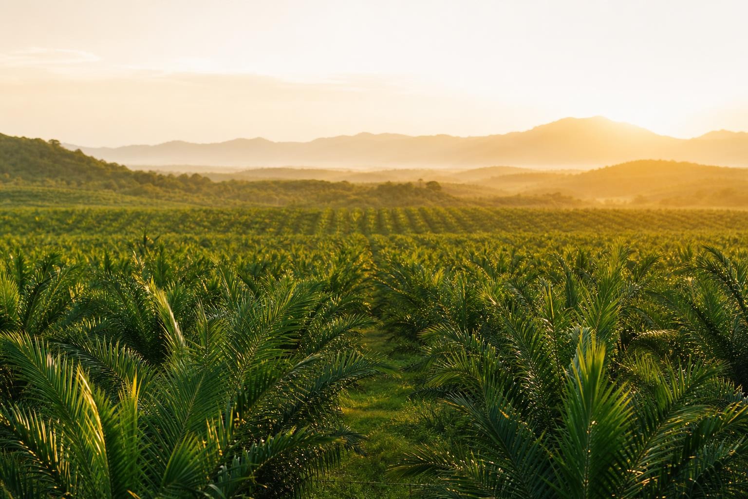 Golden-hour palm oil plantation landscape evoking Malaysia's palm oil sector