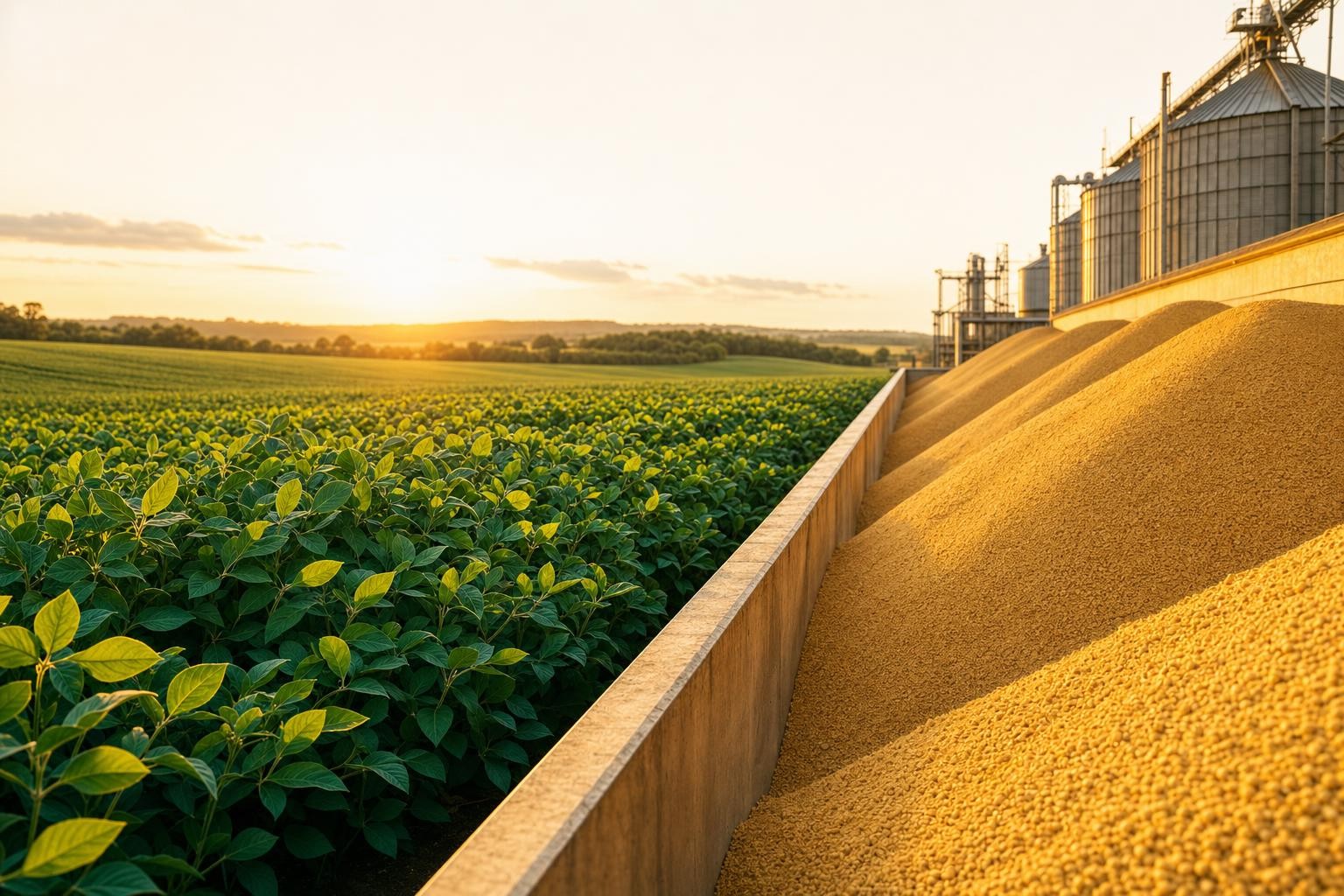 Editorial cover for an EUDR soy compliance article: soybean fields / bulk soy meal at an export terminal, evoking traceability and supply-chain due diligence. On-brand EUDR look, clean and professional, no text.