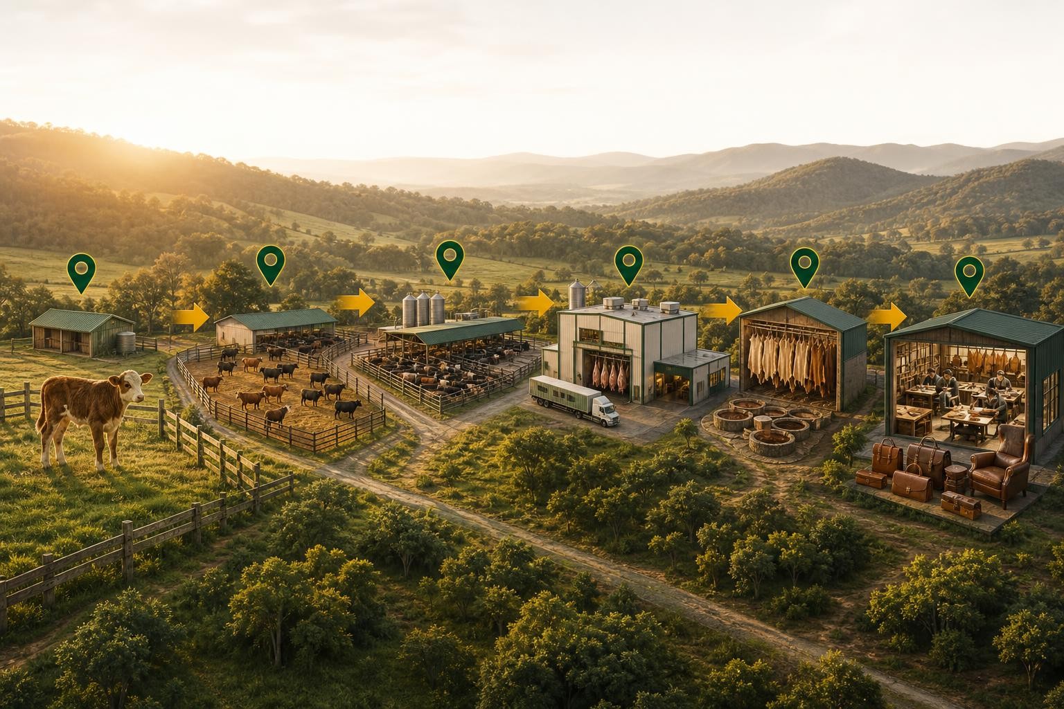 Isometric diagram showing a cattle supply chain: a calf born on a ranch, moved to a backgrounding farm, then a feedlot, then a slaughterhouse, with the hide splitting off to a tannery and then to a leather goods factory, each stage connected by arrows with a geolocation pin icon above each establishment
