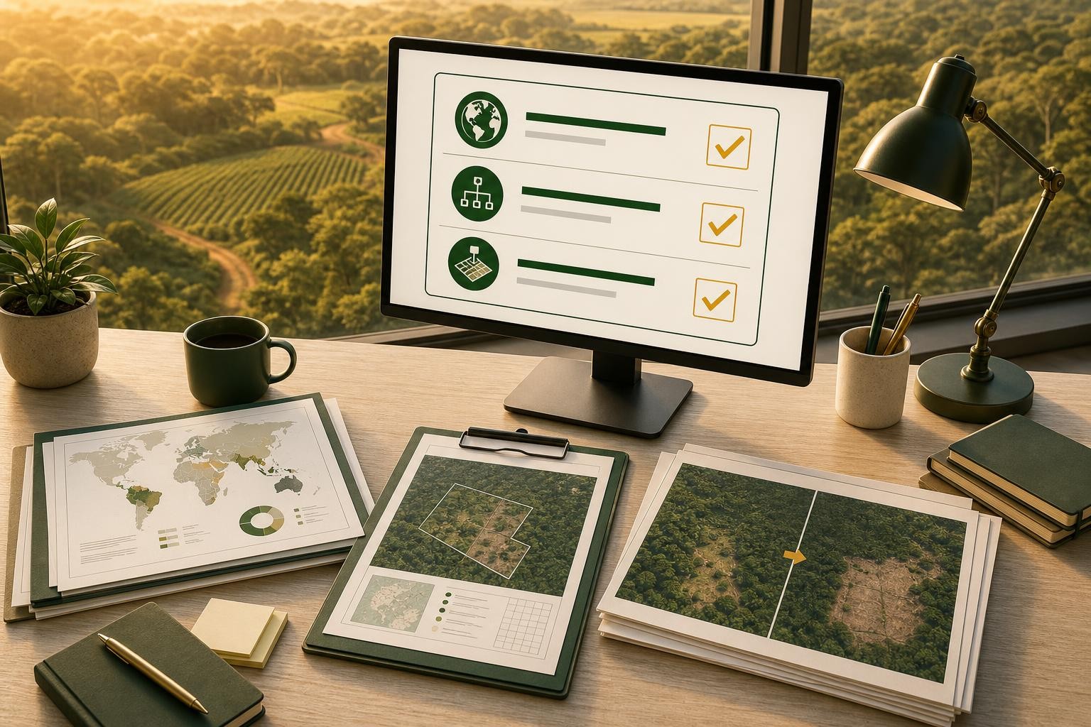 An isometric diagram showing a compliance analyst at a desk reviewing a layered stack of documents, maps, and satellite imagery, with a checklist on a monitor showing country risk, supply chain complexity, and plot-level deforestation status