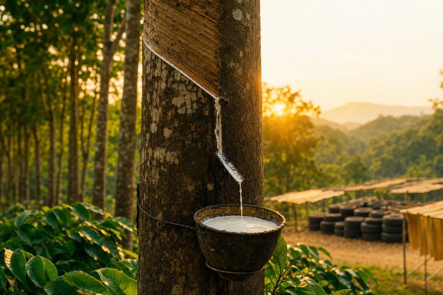 Natural rubber EUDR compliance. Rubber tapping / latex and tyres, with a subtle geolocation/traceability motif. On-brand, clean, professional.
