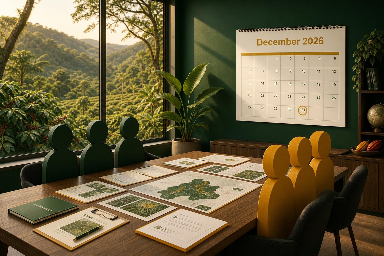 Isometric illustration of a procurement negotiation table with two sides facing each other across a table covered in documents, maps, and geolocation data printouts, with a large calendar on the wall showing December 2026