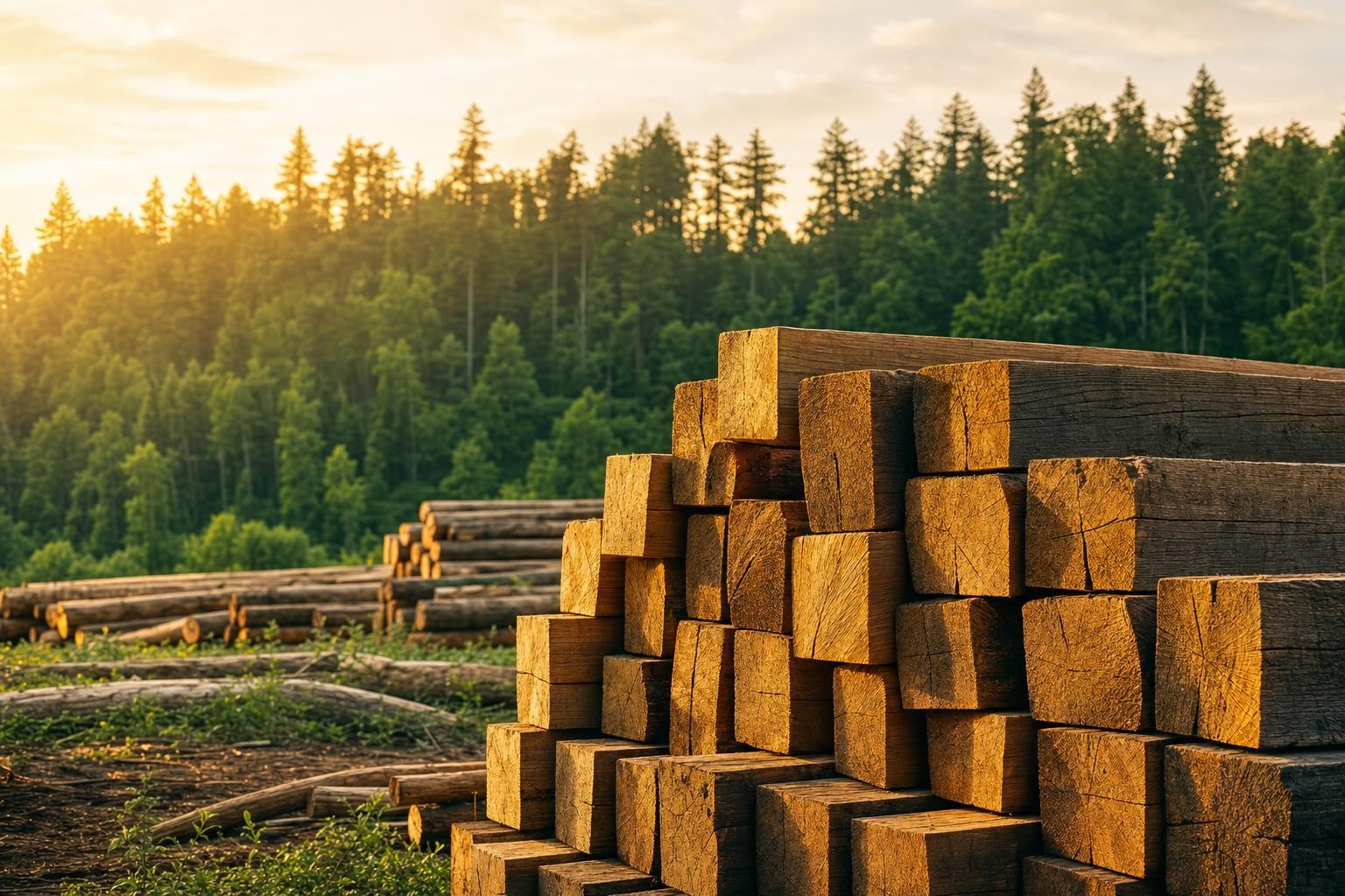 Cover image for an article on the EU's transition from the EU Timber Regulation (EUTR) to the EU Deforestation Regulation (EUDR) for the timber/wood-products sector in 2026. Theme: sustainable forestry and timber supply-chain compliance - e.g. stacked sawn timber or a managed forest, subtly evoking traceability/transition. Professional, clean, editorial. Use the workspace brand style and accent color. No text overlays, no logos.