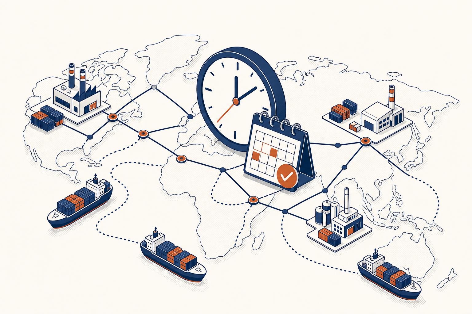 Isometric illustration of a global supply chain map showing cargo ships and freight containers moving from manufacturing facilities in Asia and the Middle East toward Europe, with a clock and calendar overlay suggesting time pressure, muted blues and greens