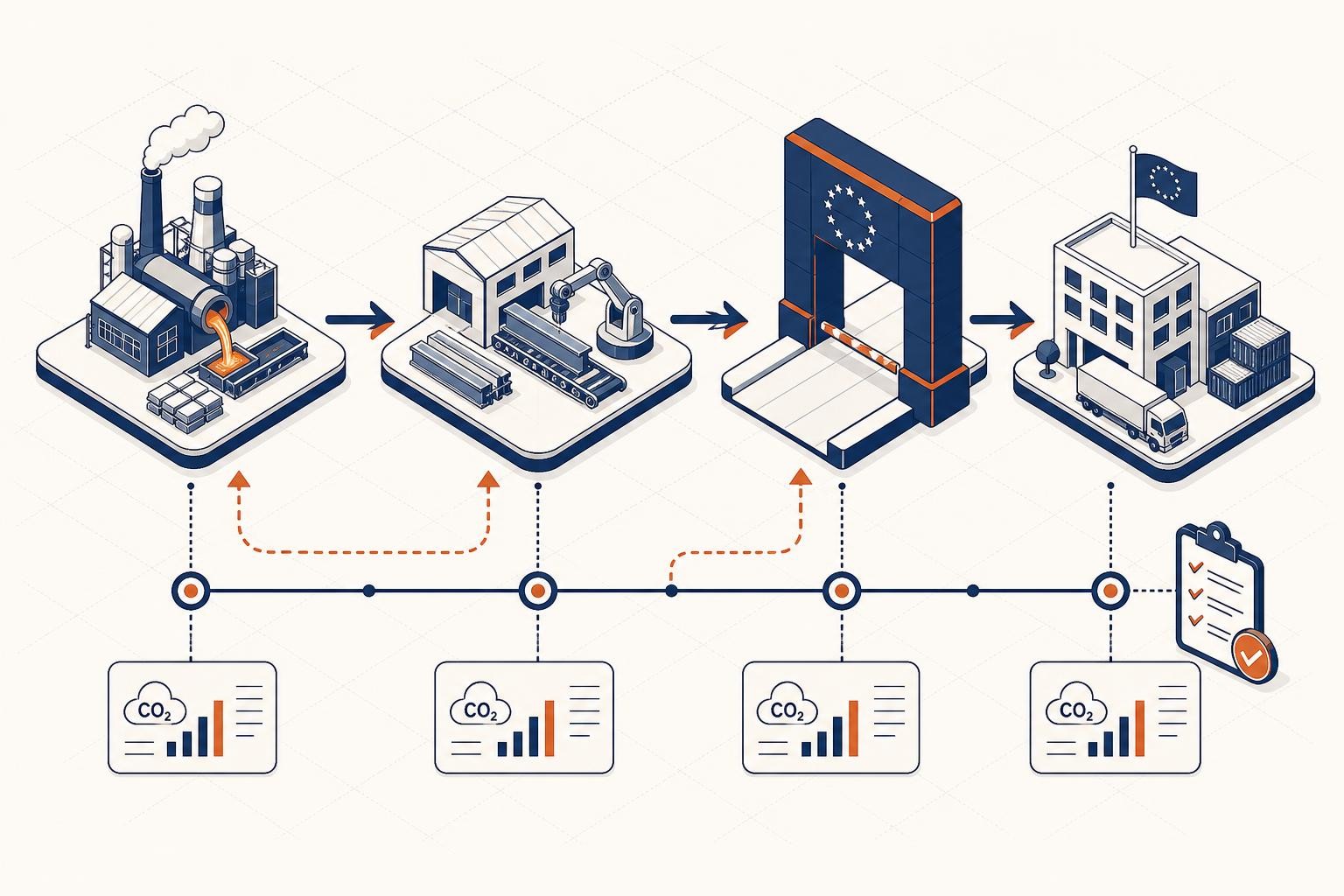 Isometric diagram showing a value chain from a steel mill through a component manufacturer to an EU importer, with a CBAM compliance checkpoint appearing at the EU border, arrows indicating the flow of embedded emissions data back up the supply chain