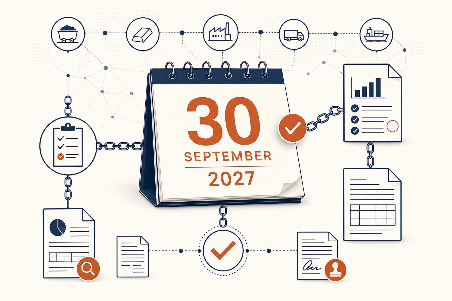 Editorial cover for a practical guide on filing the annual CBAM declaration by the 30 September 2027 deadline. Convey compliance paperwork/registry filing, a calendar deadline, EU carbon reporting. Clean, professional, document-and-deadline aesthetic.