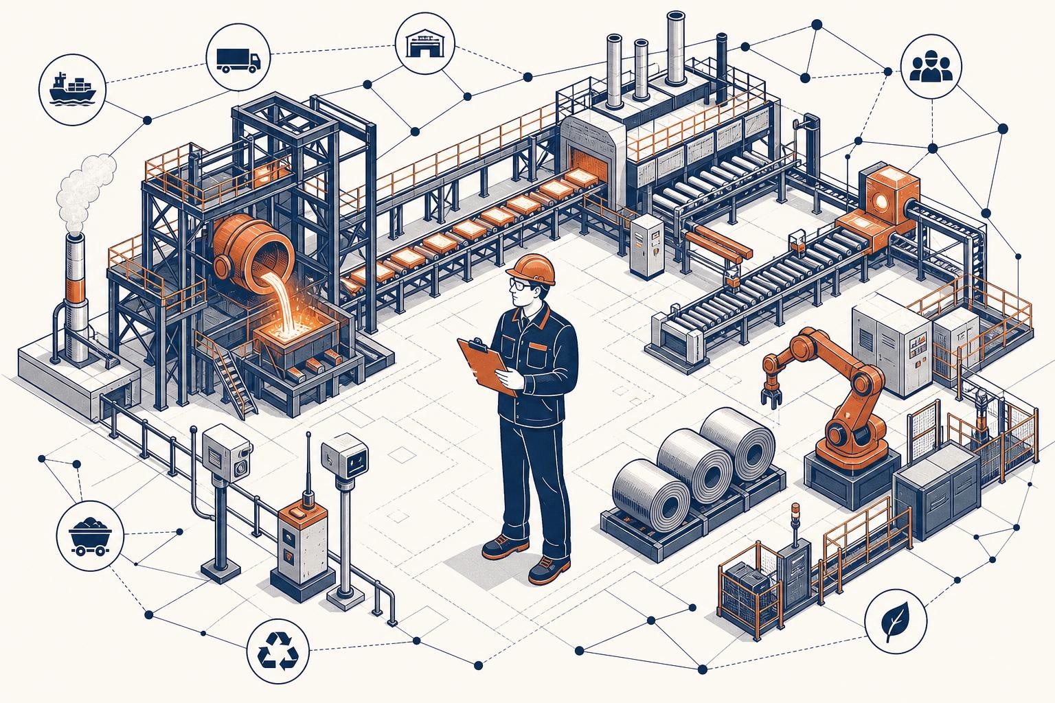 Isometric illustration of a verification auditor with a clipboard conducting a walkthrough of a large industrial manufacturing facility - steel production hall with furnaces, conveyor belts, and emissions monitoring equipment visible. Professional, technical atmosphere, natural daylight from skylights above.