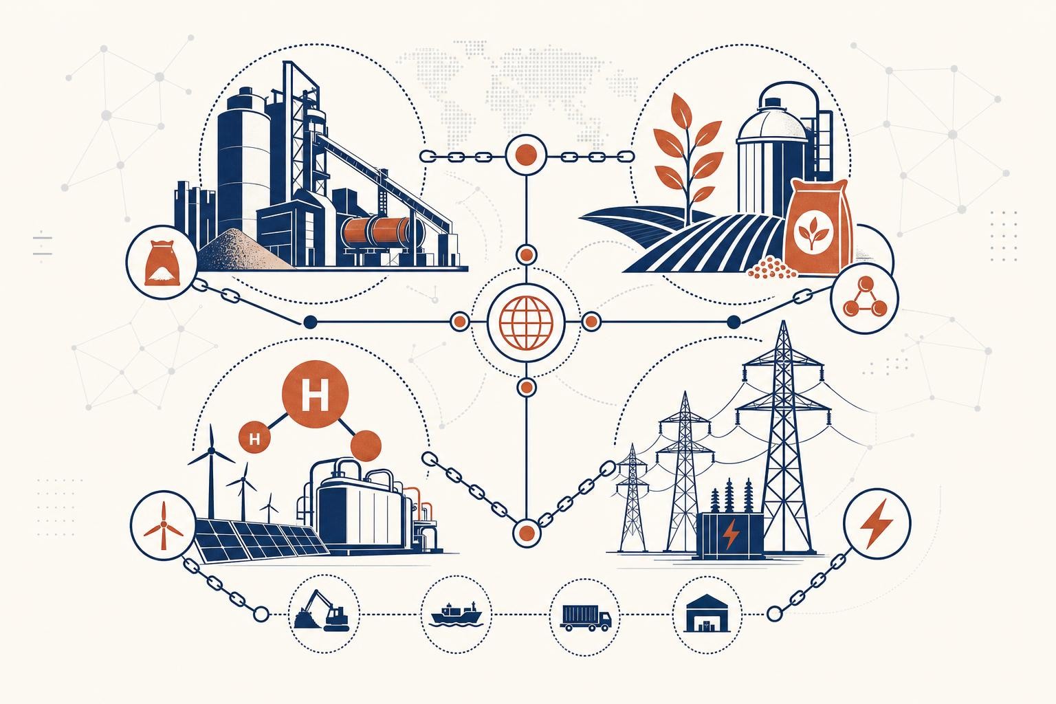 Editorial cover for a CBAM article covering cement, fertilisers, hydrogen and electricity imports. Theme: a montage of these four industrial sectors - cement plant, fertiliser/agriculture, hydrogen/green energy, electricity grid/pylons - unified into one clean composition. Professional, on-brand terracotta accent. No text.
