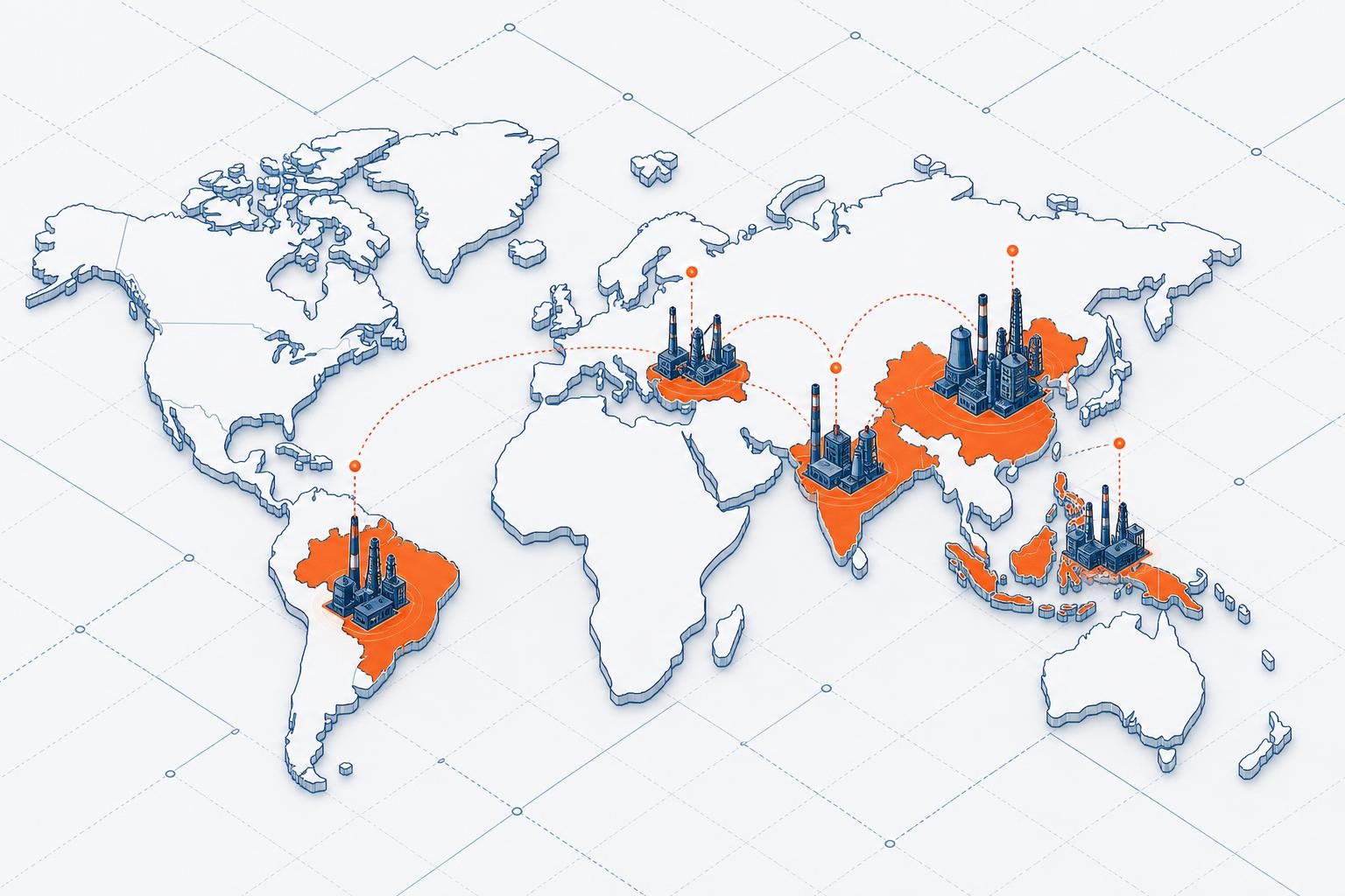 Isometric world map illustration highlighting key trading regions - Turkey, Brazil, India, China, and Southeast Asia - with subtle carbon market activity indicators, industrial silhouettes of steel mills and cement plants, calm industrial-instrument aesthetic, no text overlays