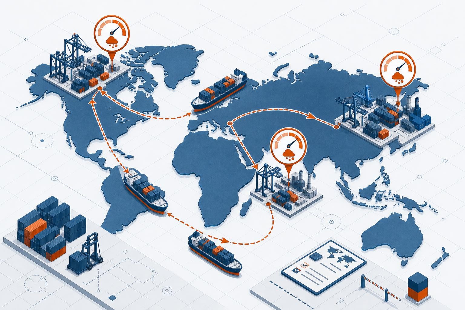 Isometric illustration of a global trade map with shipping containers and cargo routes connecting Asia and the Middle East to Europe, with a carbon emissions meter overlaid on different origin points, industrial port setting, calm daylight