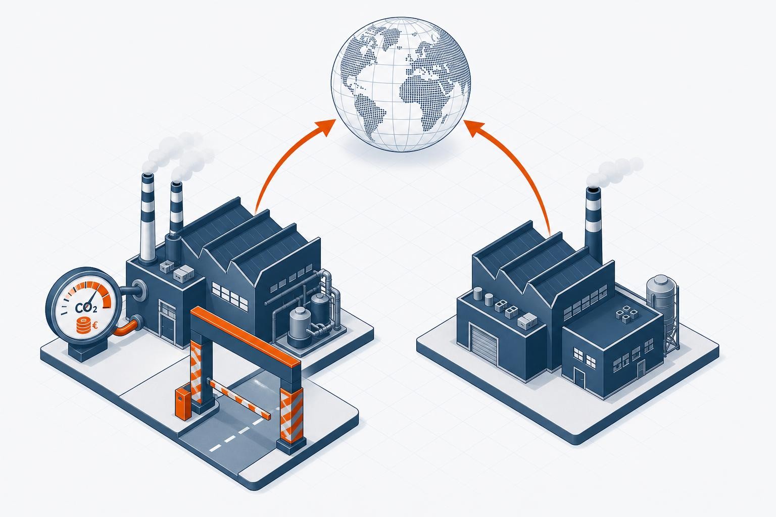 Isometric diagram showing two factory buildings side by side - one labelled EU producer with a carbon cost meter attached, one labelled non-EU competitor with no meter - connected by arrows pointing to a globe representing export markets, with a customs gate visible only on the EU side