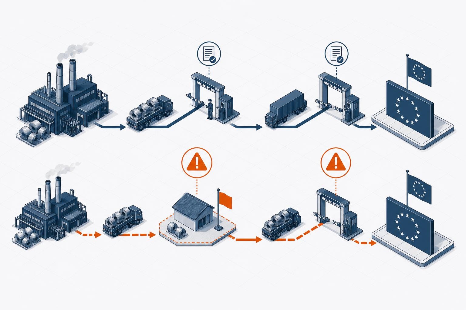 Isometric diagram showing two parallel supply chain flows: one legitimate path with verified emissions data flowing from a steel mill through customs into the EU, and one flagged path showing goods being rerouted through a third country with a warning symbol, representing circumvention risk