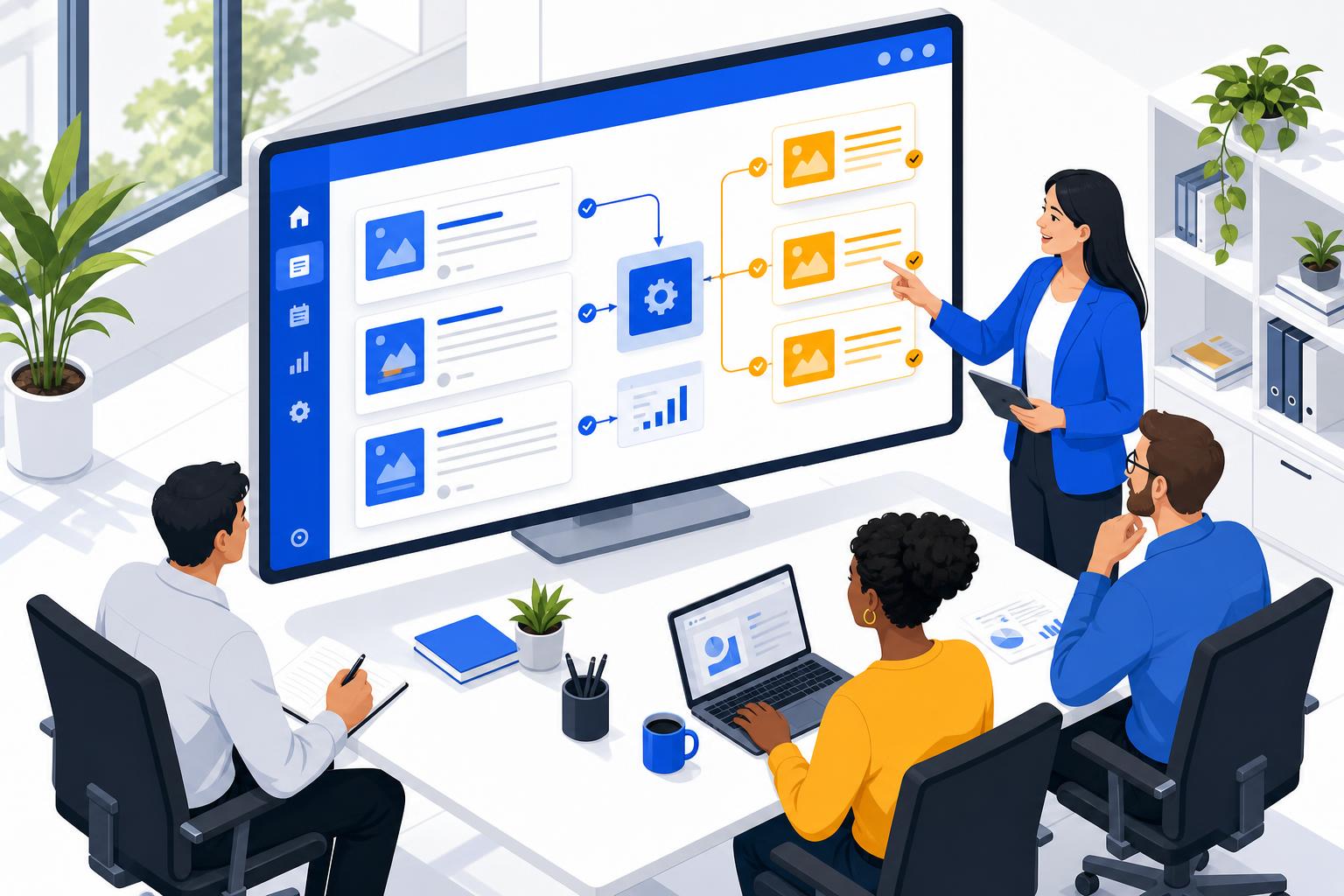 Isometric illustration of a B2B marketing team reviewing a content dashboard on a large monitor, with automated blog posts and social media cards flowing through a pipeline on screen, clean office environment with plants and natural light