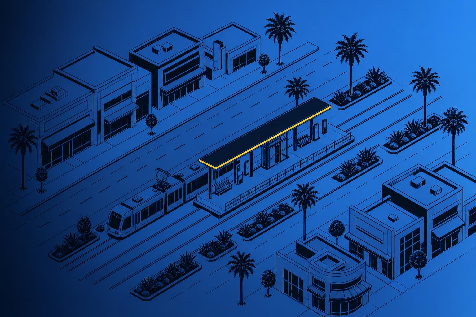 Isometric illustration of an at-grade urban light rail line running along a wide boulevard median in Los Angeles, with a modern station platform, shade canopy, surrounding low-rise commercial buildings, palm trees, and pedestrians waiting to board