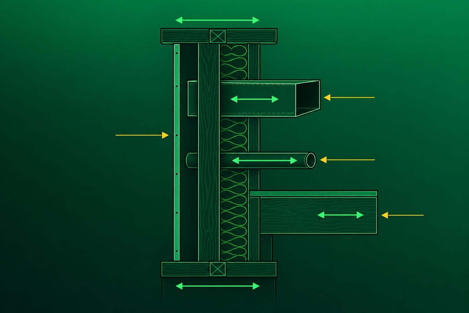 Cross-section diagram of a wood-framed exterior wall assembly showing a stud, drywall panel with screw fasteners, rectangular sheet metal duct, and copper pipe passing through a joist - each element labeled with arrows indicating direction of thermal expansion movement