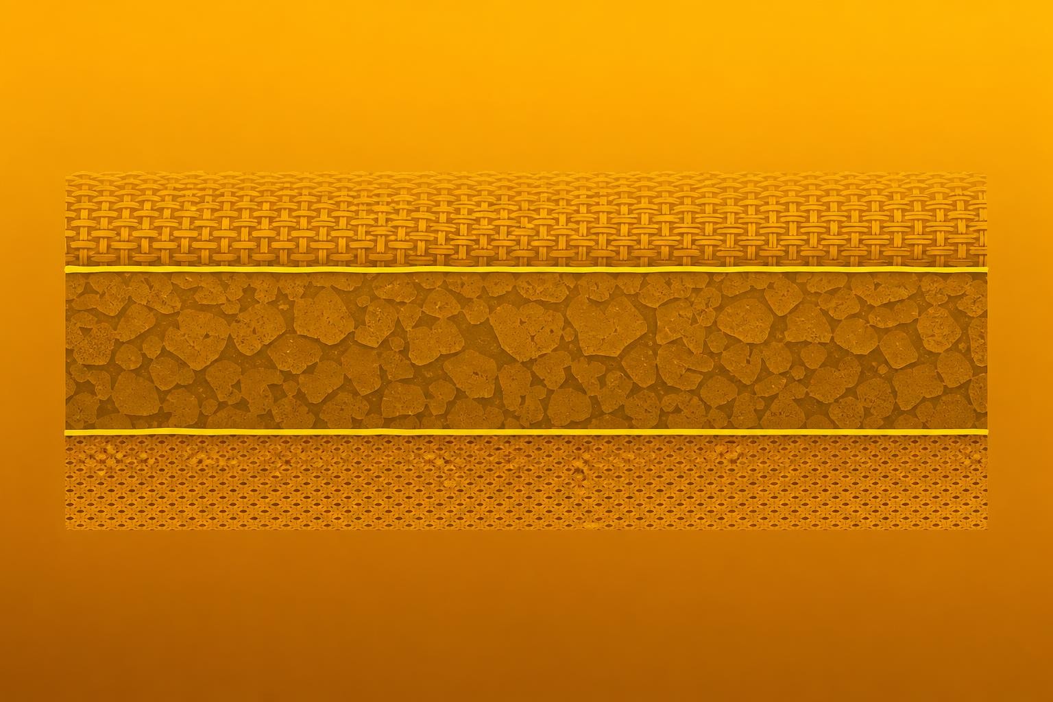 Cross-section diagram of a three-layer roofing underlayment showing a nonwoven fabric top facer, a thick modified bitumen core, and a nonwoven fabric base layer, with labels for each stratum, on a clean white background