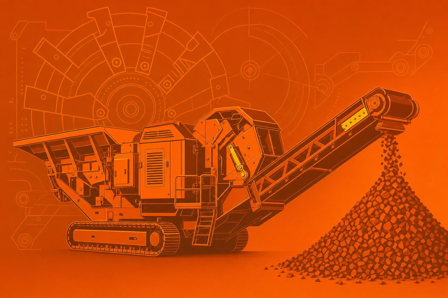 A compact orange mobile impact crusher on a construction site, viewed from a three-quarter front angle, with a conveyor belt raised and a pile of crushed aggregate material visible beneath it, industrial site background