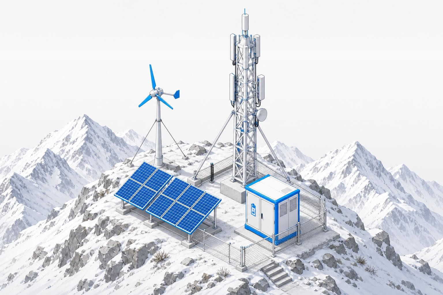 Isometric technical illustration of a remote alpine mobile mast site showing a small horizontal-axis wind turbine and solar panels mounted on a hillside, with a battery storage cabinet at the base of the mast, snow-capped mountains in the background, clear engineering diagram style