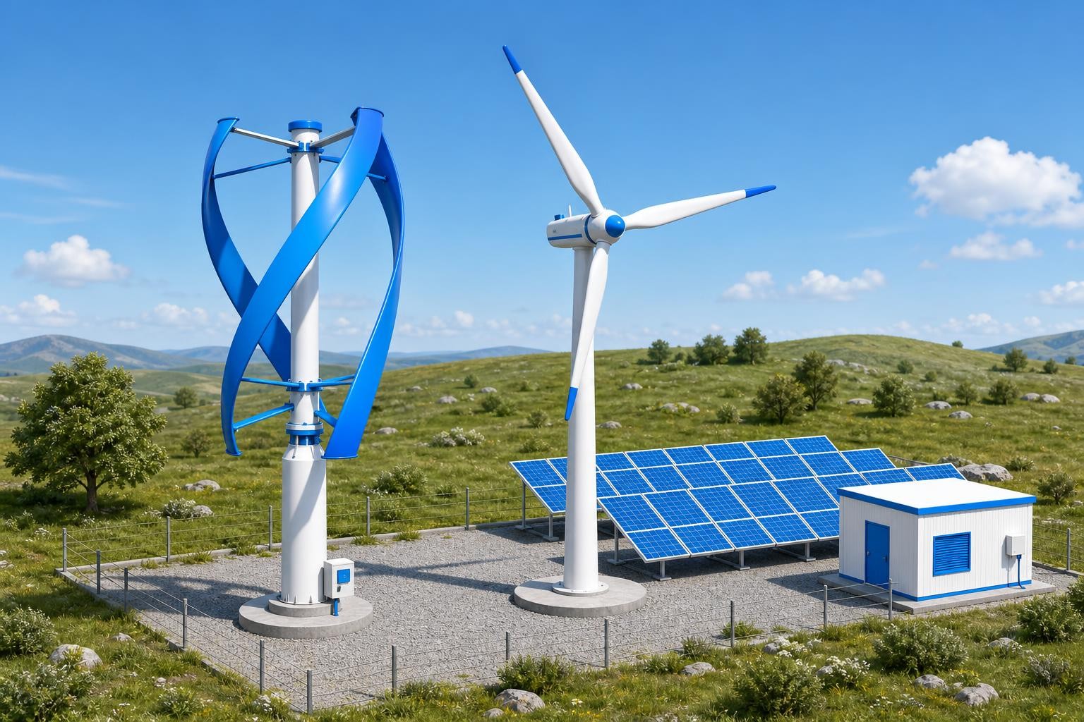 Isometric illustration comparing a vertical-axis wind turbine (helical VAWT) and a horizontal-axis wind turbine (three-blade HAWT) side by side on a rural off-grid site, with a small solar array and battery shed in the background, clear sky, daytime