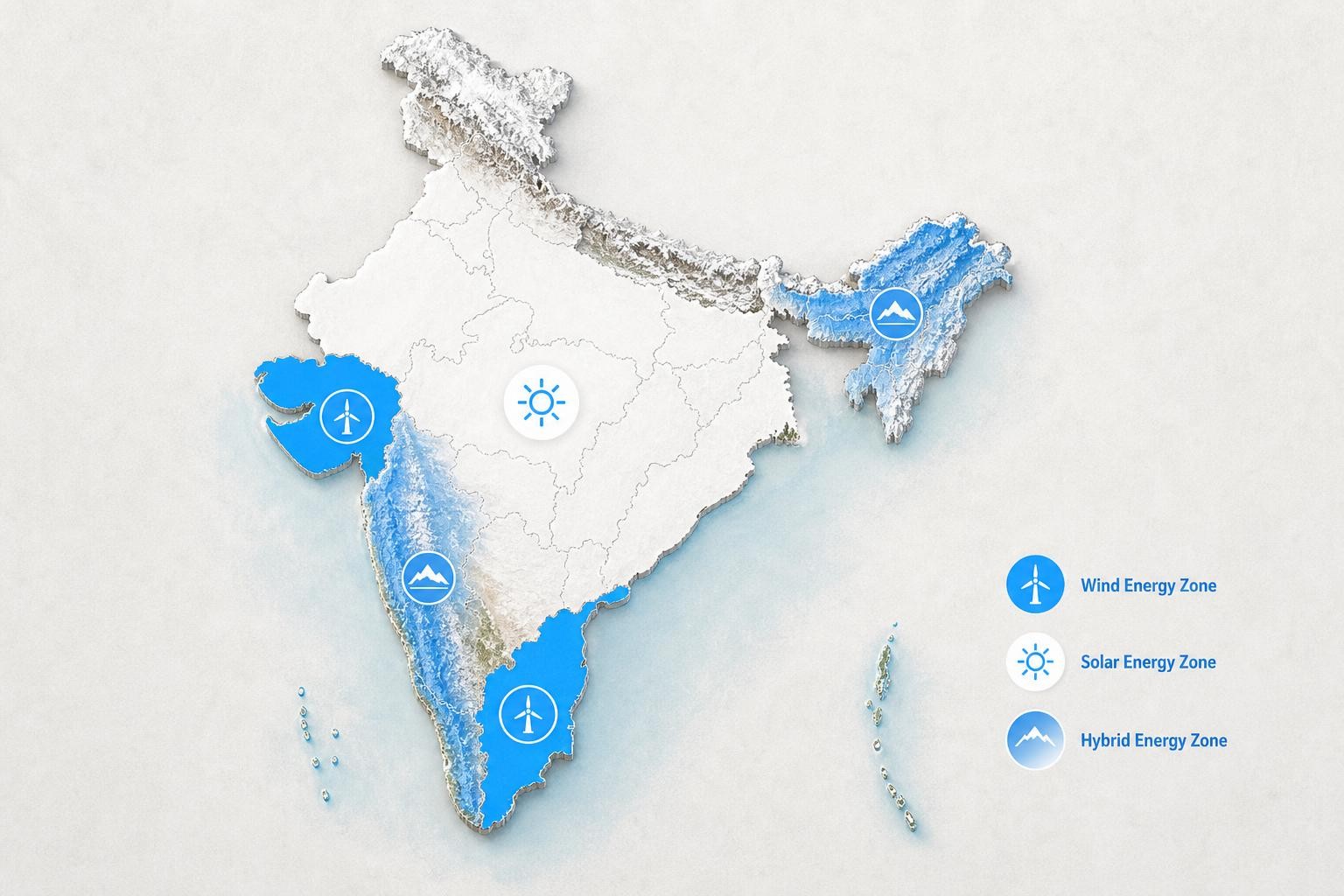 Illustrated map of India showing regional suitability zones: coastal Tamil Nadu and Gujarat highlighted for wind energy, central and northern plains highlighted for solar, with a hybrid zone along the Western Ghats and high-altitude northeast. Clean infographic style with soft color fills and labeled regions.