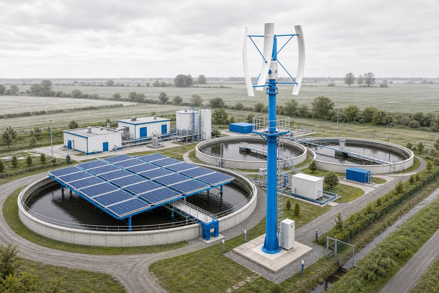 Ilustración isométrica de las instalaciones de una planta depuradora con balsas de decantación circulares, un aerogenerador compacto de eje vertical sobre un mástil de acero en primer plano y paneles solares sobre una de las balsas, paisaje rural abierto al fondo y cielo nublado del norte de Alemania