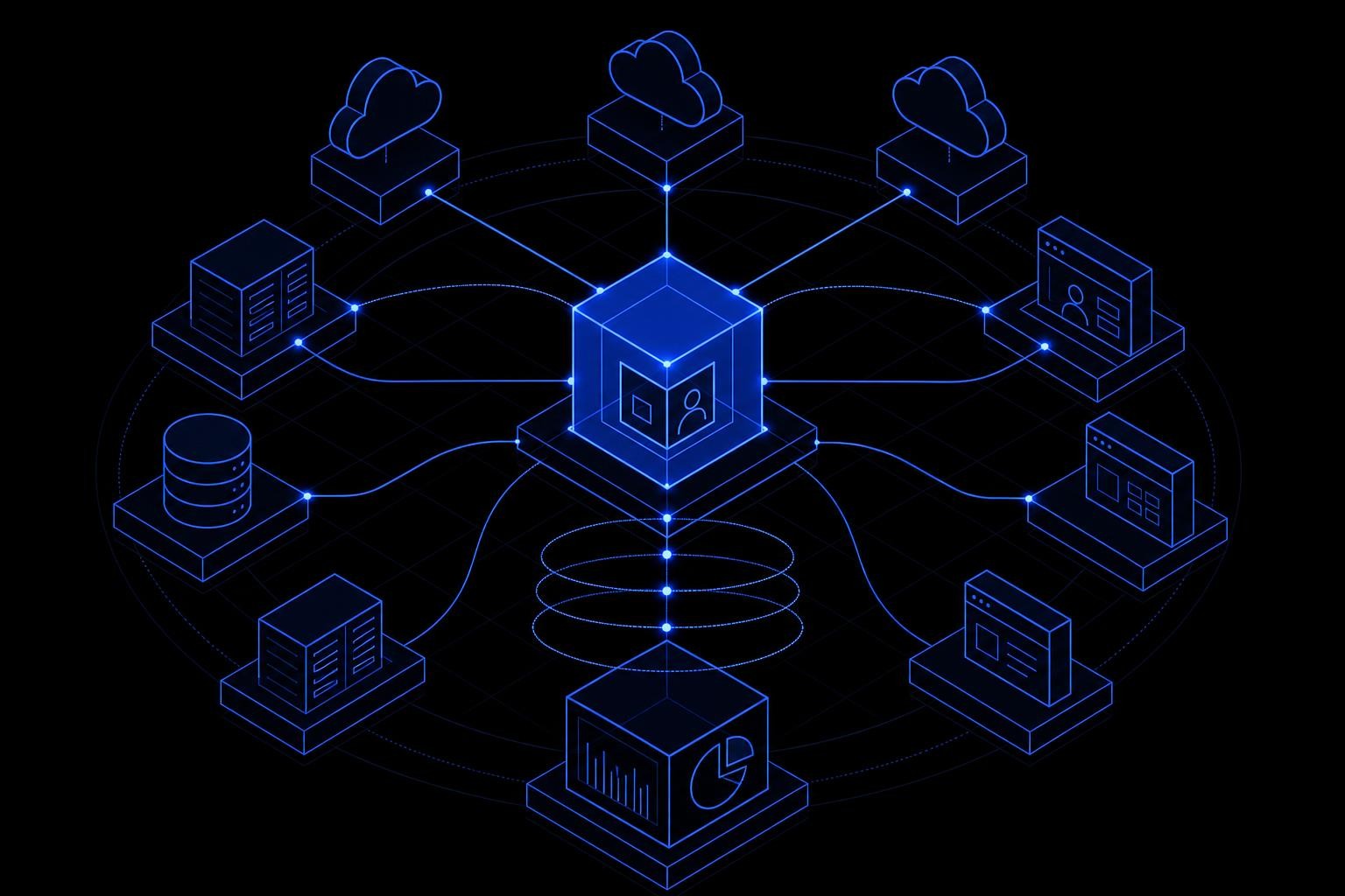 Isometrisches Diagramm der Zugangs-Governance-Schicht eines Finanzinstituts: ein zentraler Identity-Hub, der Cloud-Apps, On-Premise-Systeme und Drittanbieter-Portale verbindet, mit Audit-Trail-Protokollen, die in ein Compliance-Dashboard fließen. Klares, professionelles, minimalistisches Farbschema.