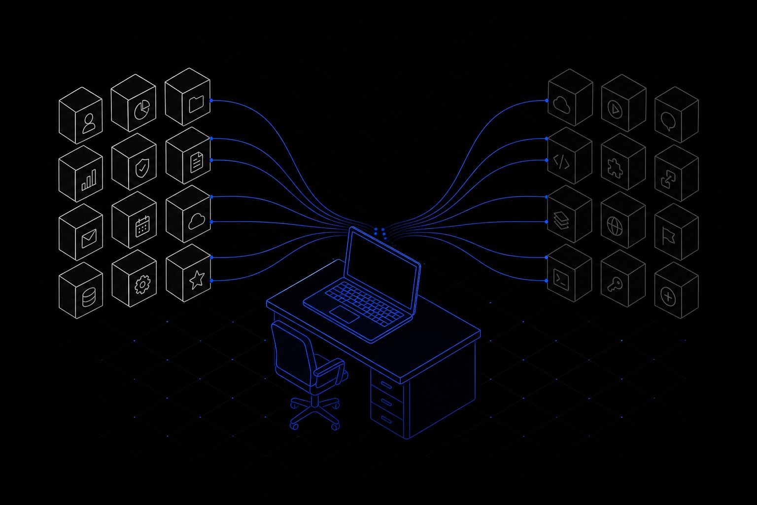 Isometric diagram showing a mid-market IT team at a single desk with a laptop, connected by lines to a large cluster of SaaS app icons. About half the icons are lit up green (governed), the other half are dim grey (ungoverned), with a clear visual gap between the two groups. Clean, minimal style.