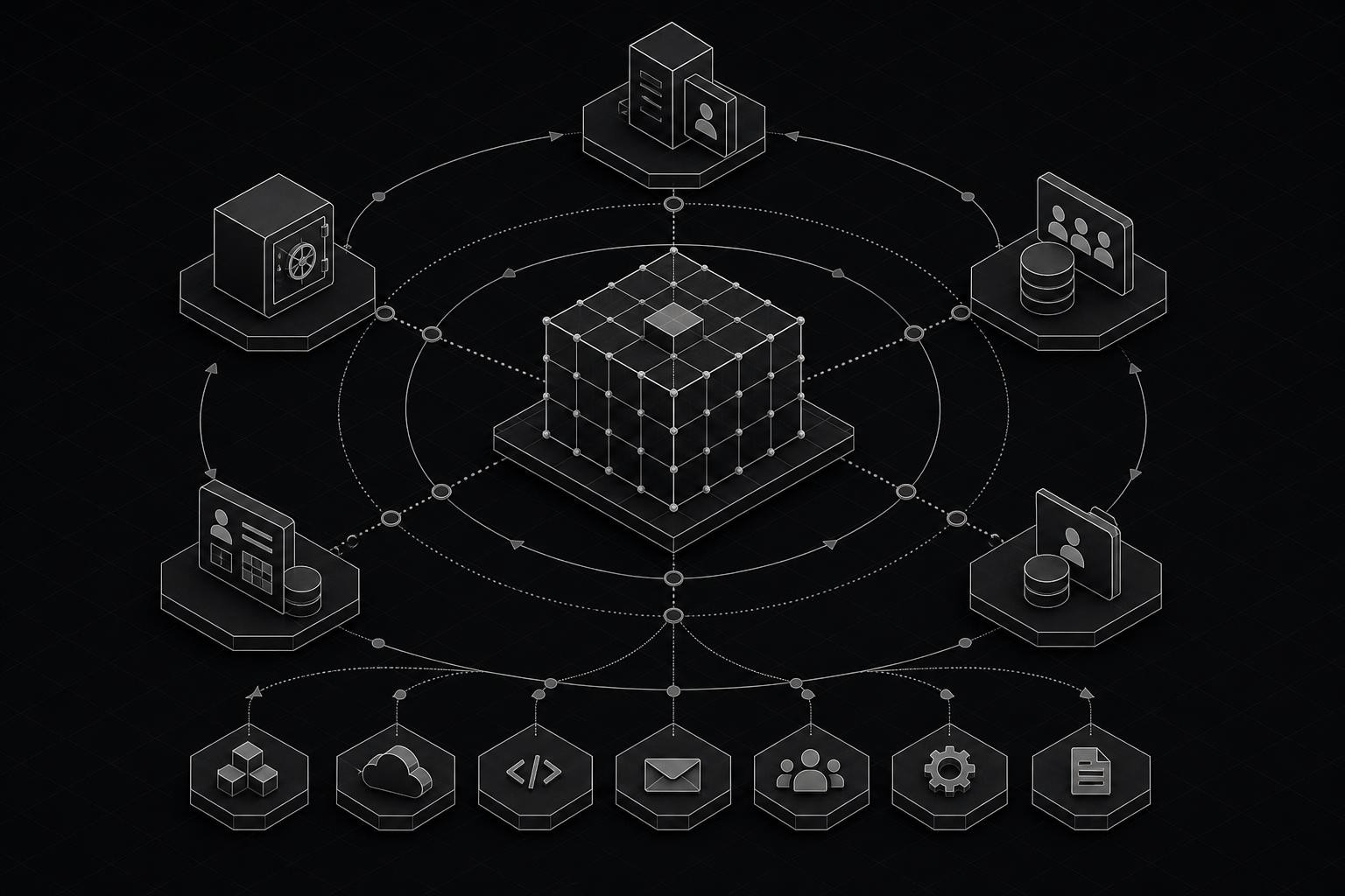 Isometric diagram showing an identity fabric orchestration layer connecting multiple identity sources - an IdP, a PAM vault, an IGA platform, a HRIS, and a row of SaaS app icons - with policy and lifecycle arrows flowing between them through a central mesh layer