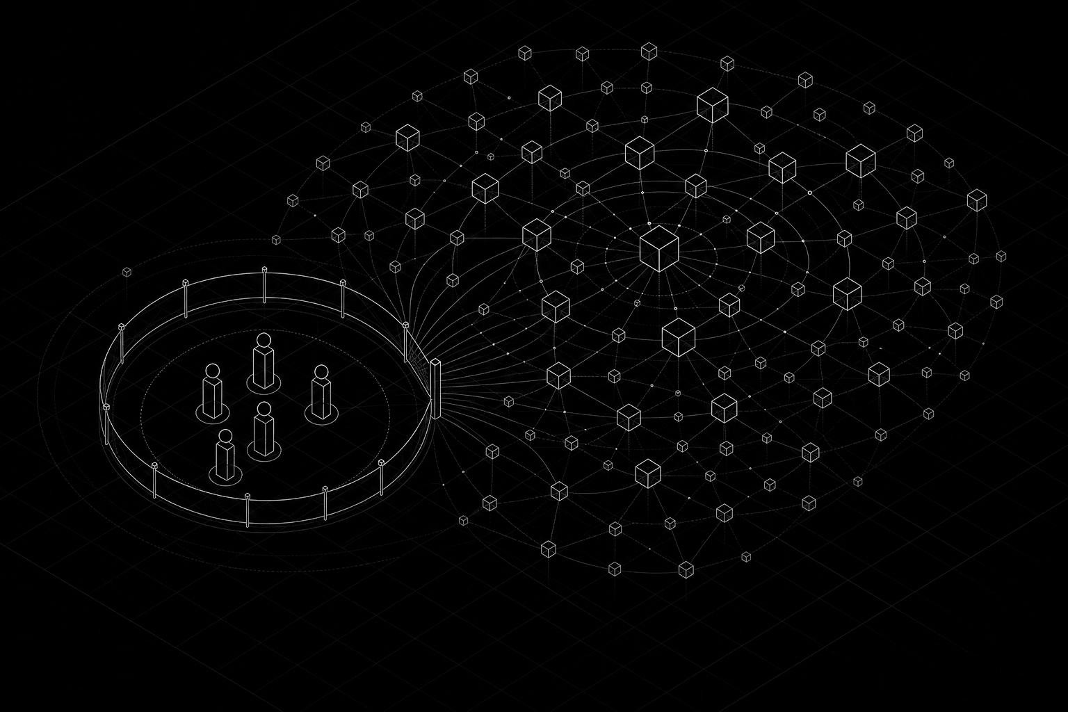 Isometric diagram showing a large enterprise identity estate: on the left, a small cluster of human user icons; on the right, a vast sprawling network of machine icons representing service accounts, API keys, OAuth tokens, and AI agents - visually illustrating the 100:1 ratio imbalance, with most of the machine identities outside a governance boundary line