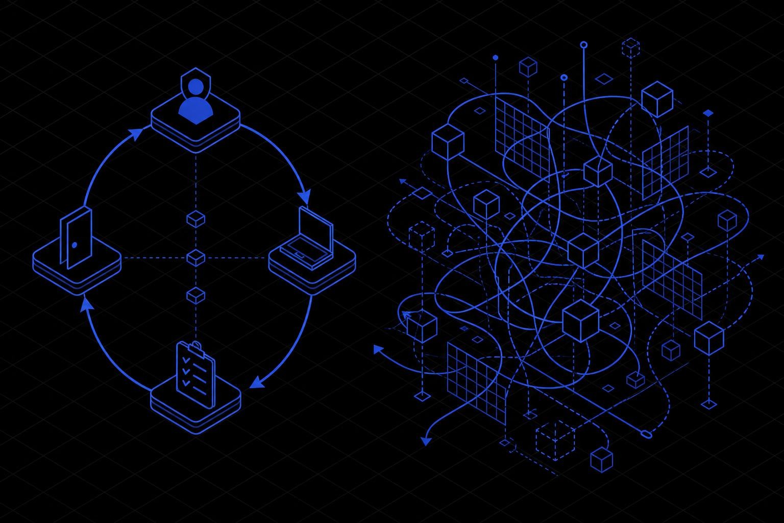 Isometric diagram showing two parallel governance tracks: on the left, a structured lifecycle flow for human employees (hire, provision, review, offboard) with clear checkpoints; on the right, a chaotic tangle of AI agents with no lifecycle, overlapping permissions, and missing audit trails - visually contrasting governed vs. ungoverned identity