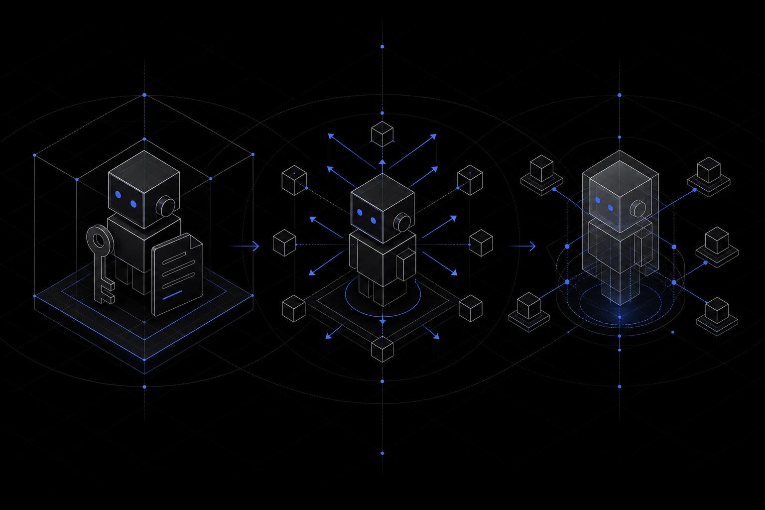Isometric diagram showing three stages of a machine identity lifecycle: a robot being 'born' with a key and scope document, a robot with arrows showing expanding permissions across multiple systems, and a ghost robot still connected to systems after being decommissioned - clean flat style, muted blues and grays