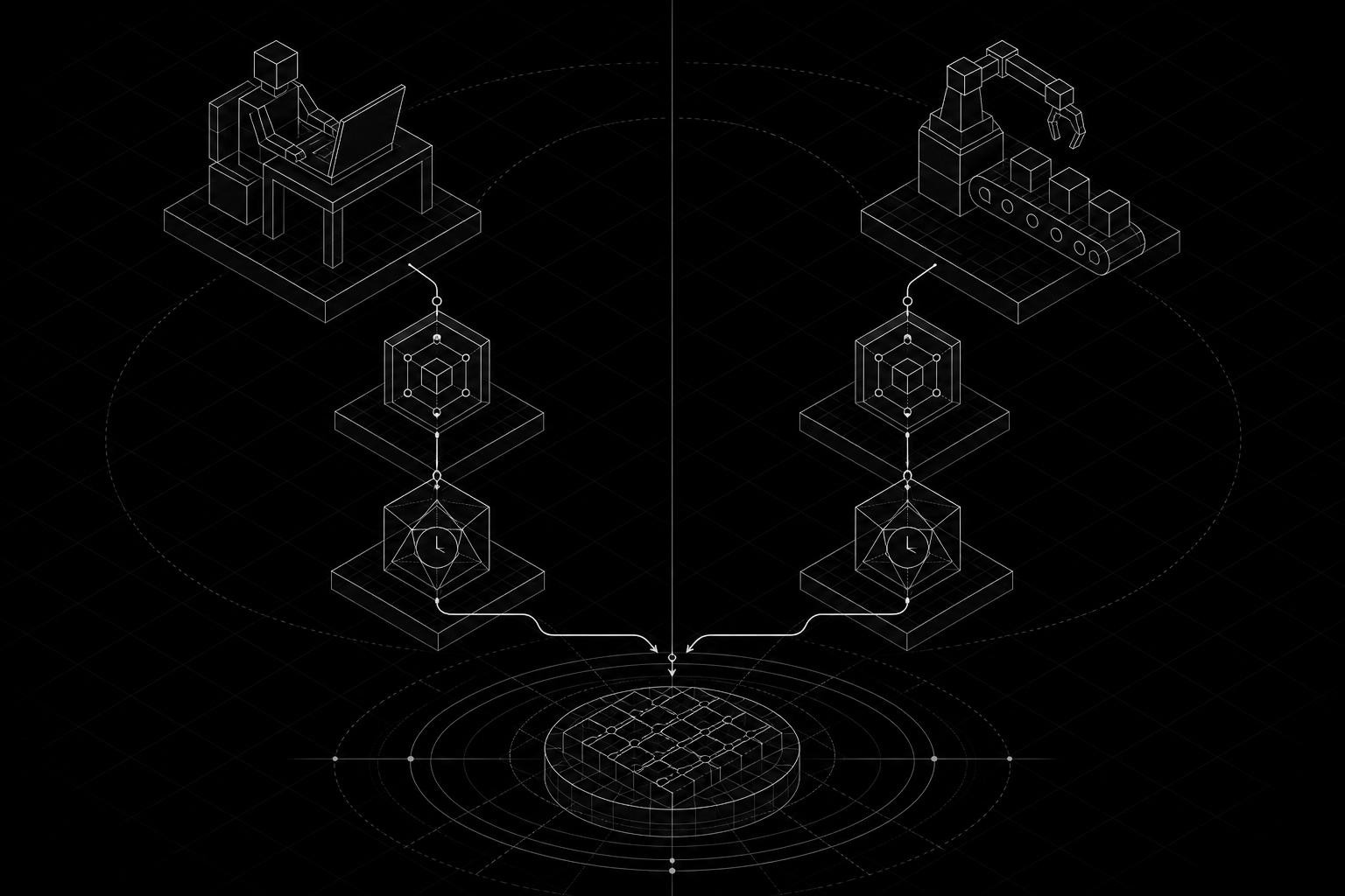 Isometric diagram split into two halves: left side shows a human developer at a laptop submitting an access request that flows through a policy engine and gets a time-limited token; right side shows a CI/CD pipeline robot doing the same - both paths converge on a shared audit log at the bottom. Clean, minimal, technical illustration.