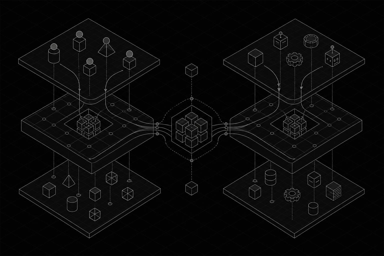 Isometric diagram showing two parallel governance planes: on the left, human identities (employees, contractors) flowing through an IGA layer into SaaS apps; on the right, non-human identities (service accounts, API keys, AI agents) flowing through the same governance layer. Both planes converge at a single policy engine in the center. Clean, architectural illustration with a dark background and subtle grid lines.