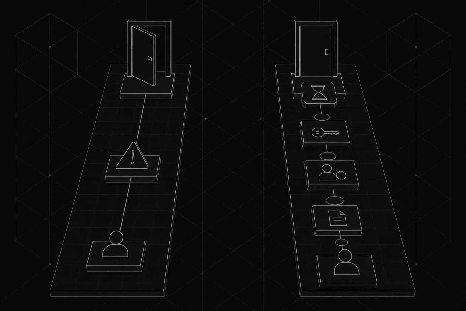 Isometric diagram showing two parallel lanes: left lane labeled 'Standing Privilege' with a permanently open door and a red warning icon; right lane labeled 'Just-in-Time Access' showing a request-approve-grant-expire cycle with a green checkmark and a clock icon. Clean, minimal, enterprise security aesthetic.