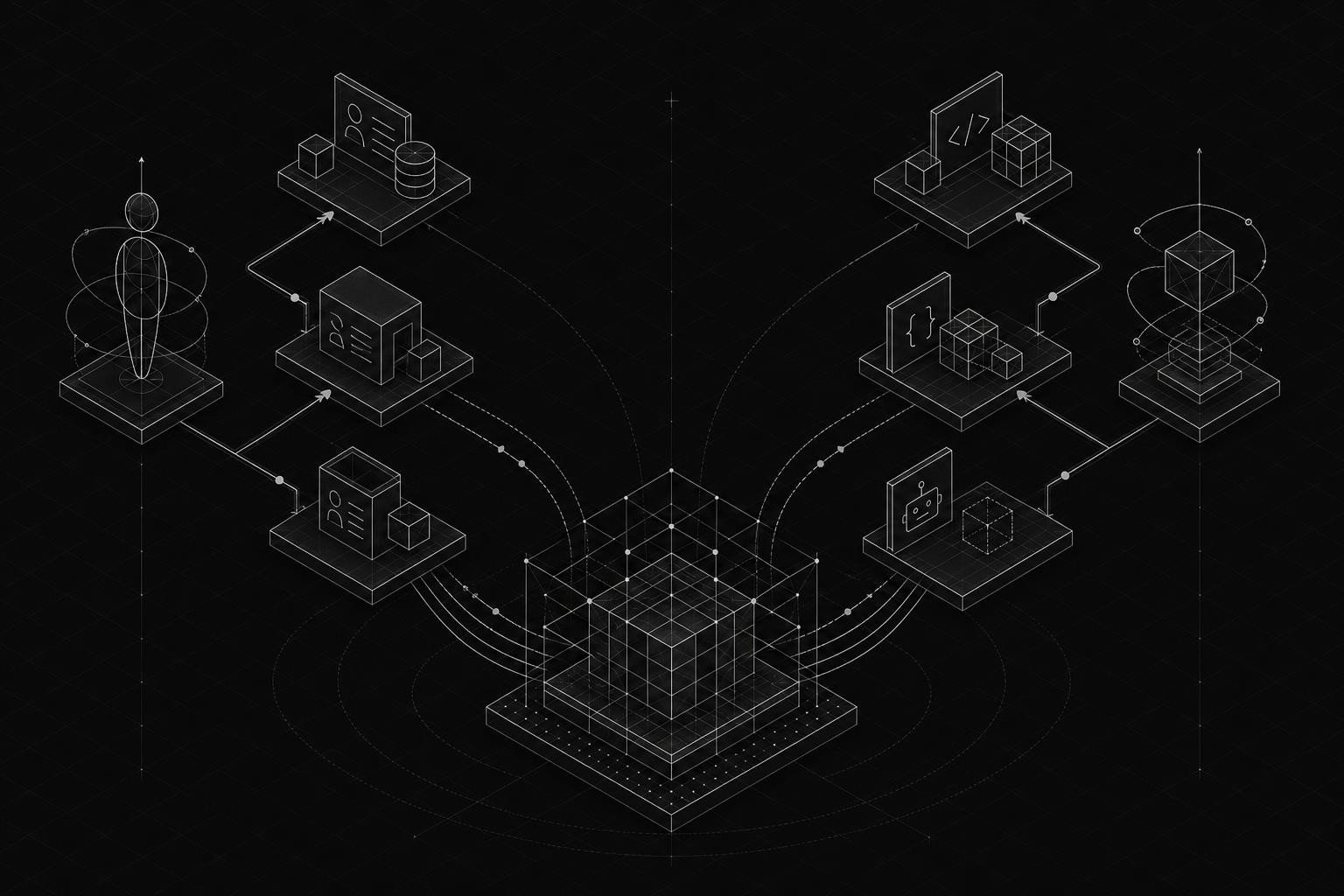 Isometric diagram showing two parallel lifecycle tracks side by side: on the left, a human employee moving through joiner, mover, and leaver stages with HR system icons; on the right, a non-human identity (service account, API key, AI agent) moving through creation, change, and retirement stages with code and robot icons. Both tracks feed into a central governance platform in the middle.
