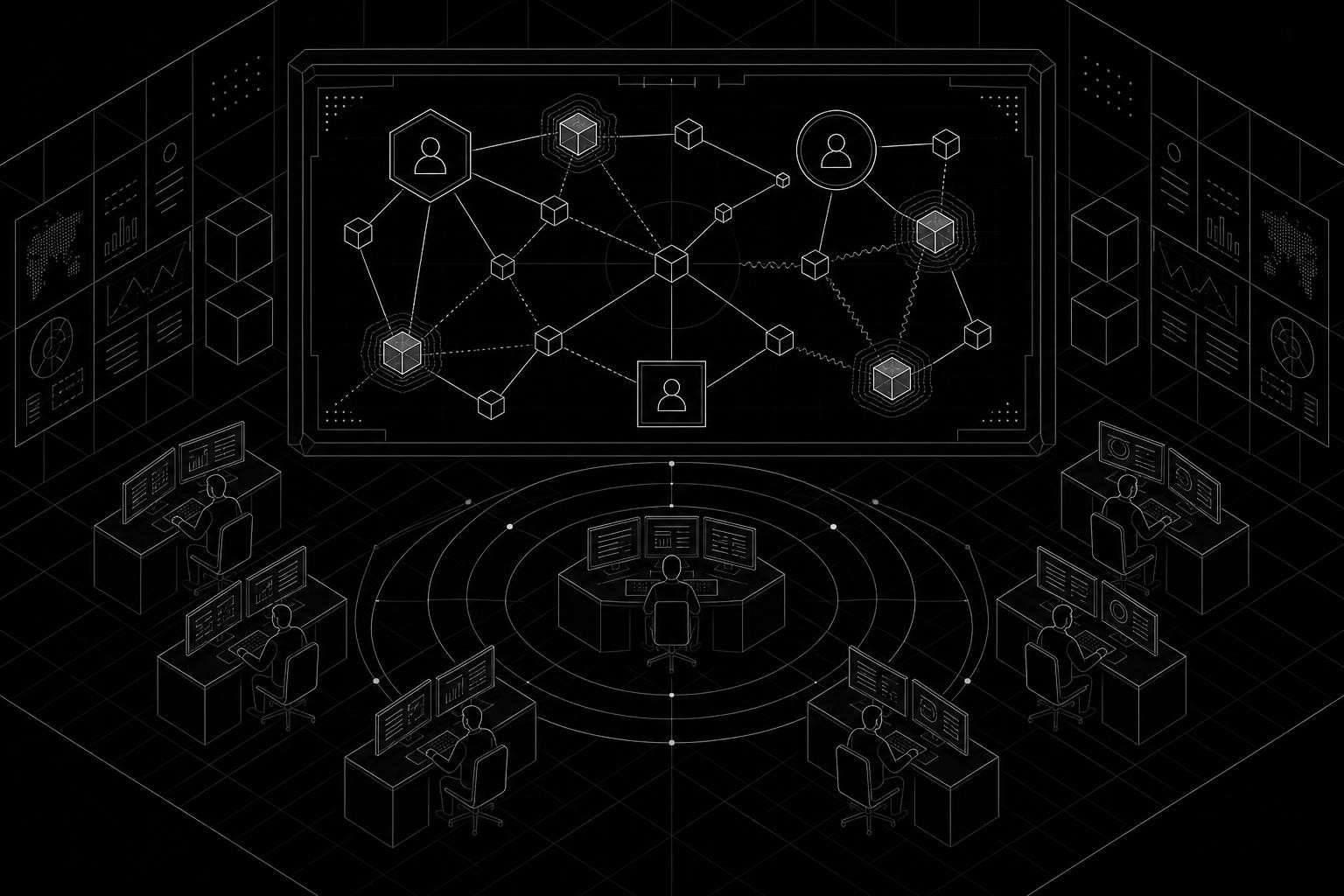Isometric illustration of a security operations center with a large digital access map on the main screen showing connected nodes - some labeled 'employee', others labeled 'contractor' and 'vendor' - with several contractor nodes highlighted in amber to indicate ungoverned access paths