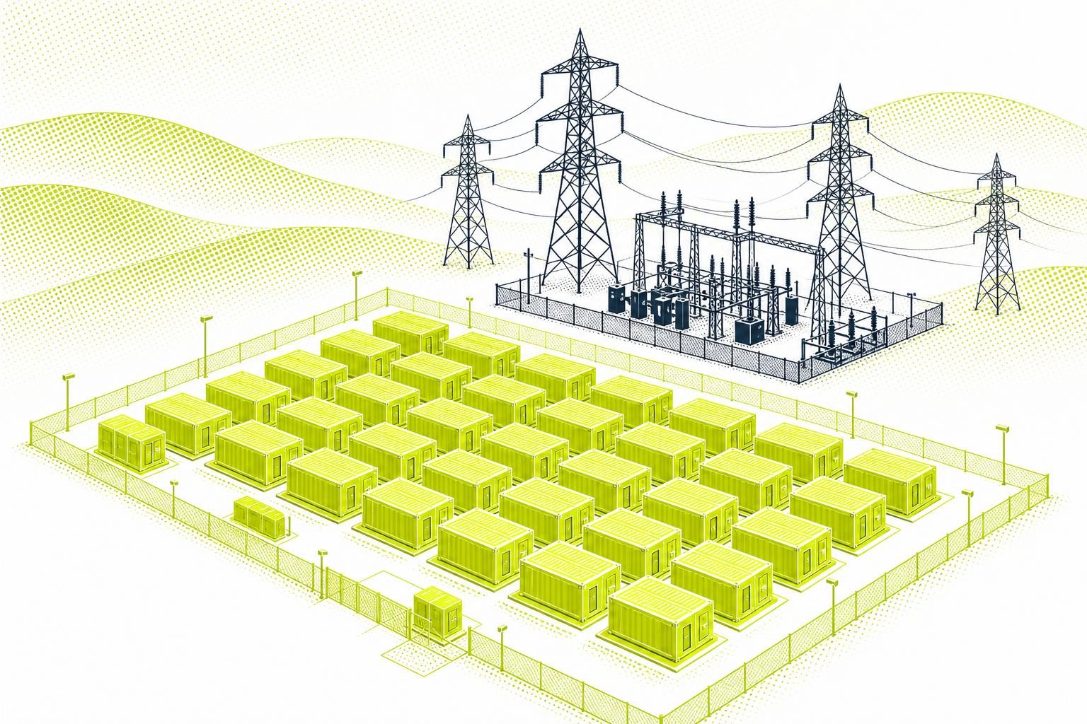 Aerial isometric illustration of a large battery energy storage facility in a Scottish highland landscape, rows of white battery containers arranged in a grid pattern, a high-voltage transmission substation with steel lattice towers in the background, overcast northern sky, wind turbines visible on distant hills