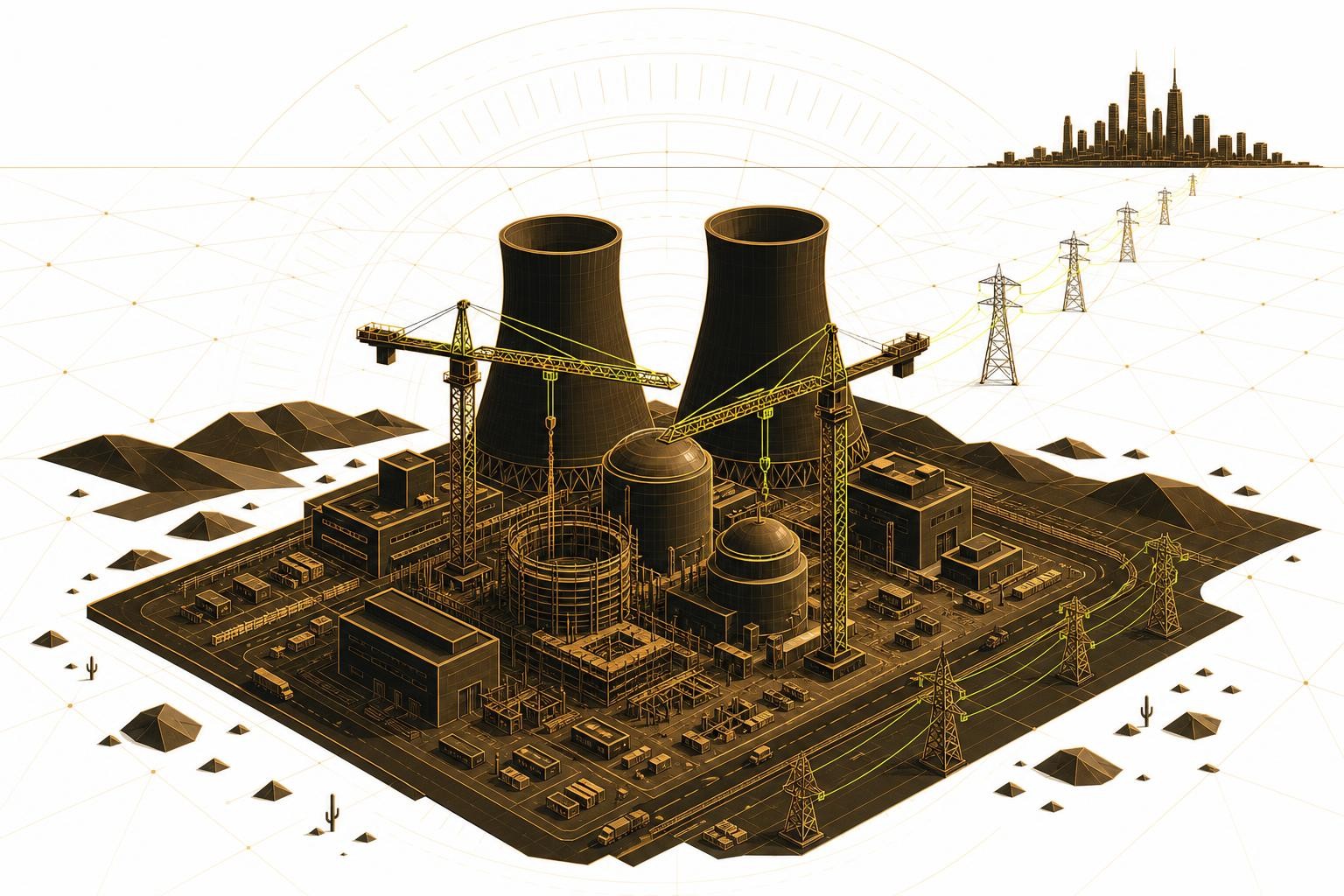 Aerial isometric illustration of a large nuclear power plant under construction in a desert landscape, with cranes, cooling towers, and a grid of transmission lines extending toward a distant city on the horizon