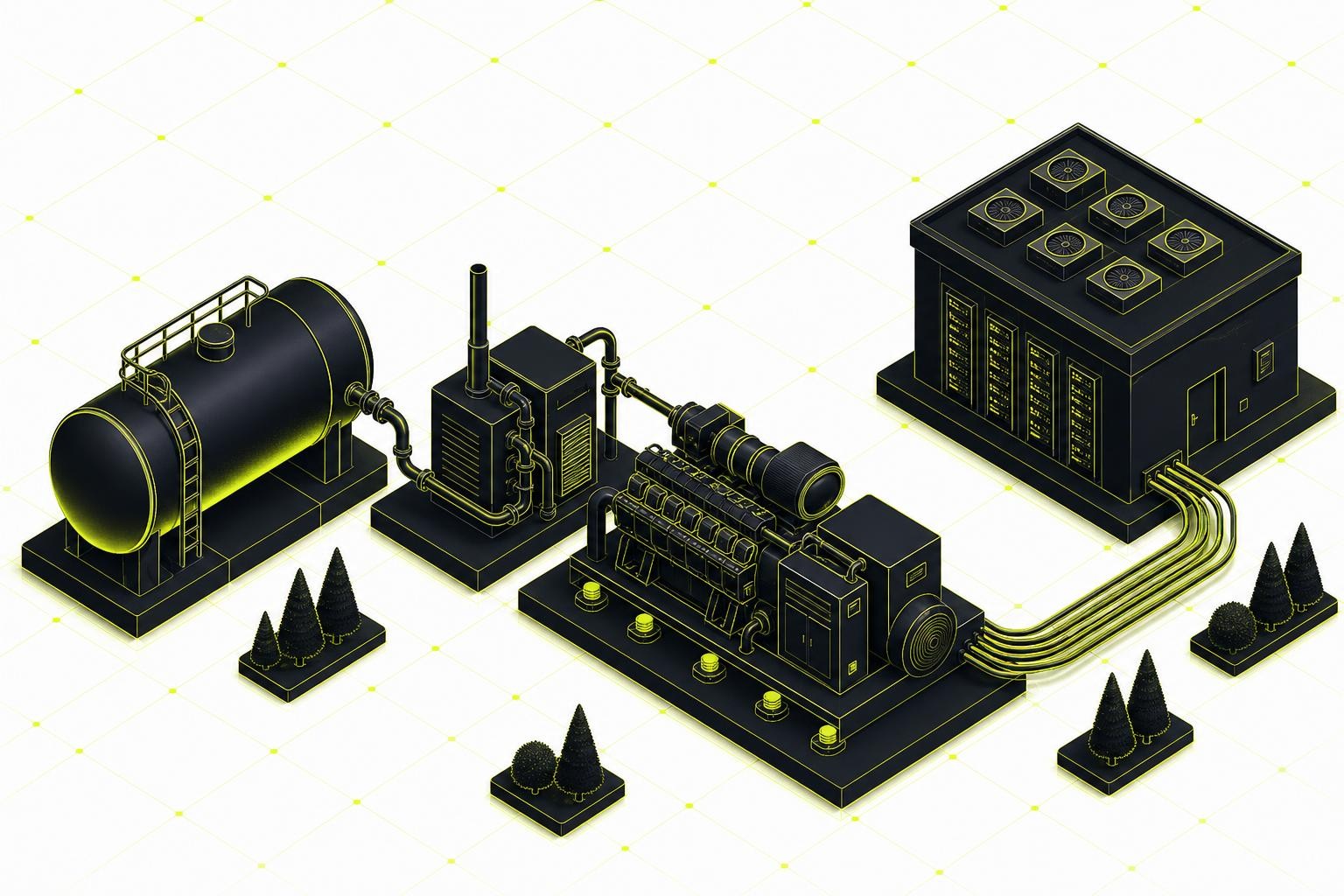 Isometric diagram of a modular behind-the-meter power generation unit at a data center campus: ammonia storage tank on the left feeding into a compact reformer unit, connected by pipes to a reciprocating engine-generator set, with power cables running to a server building on the right, industrial outdoor setting, clear labels on each component