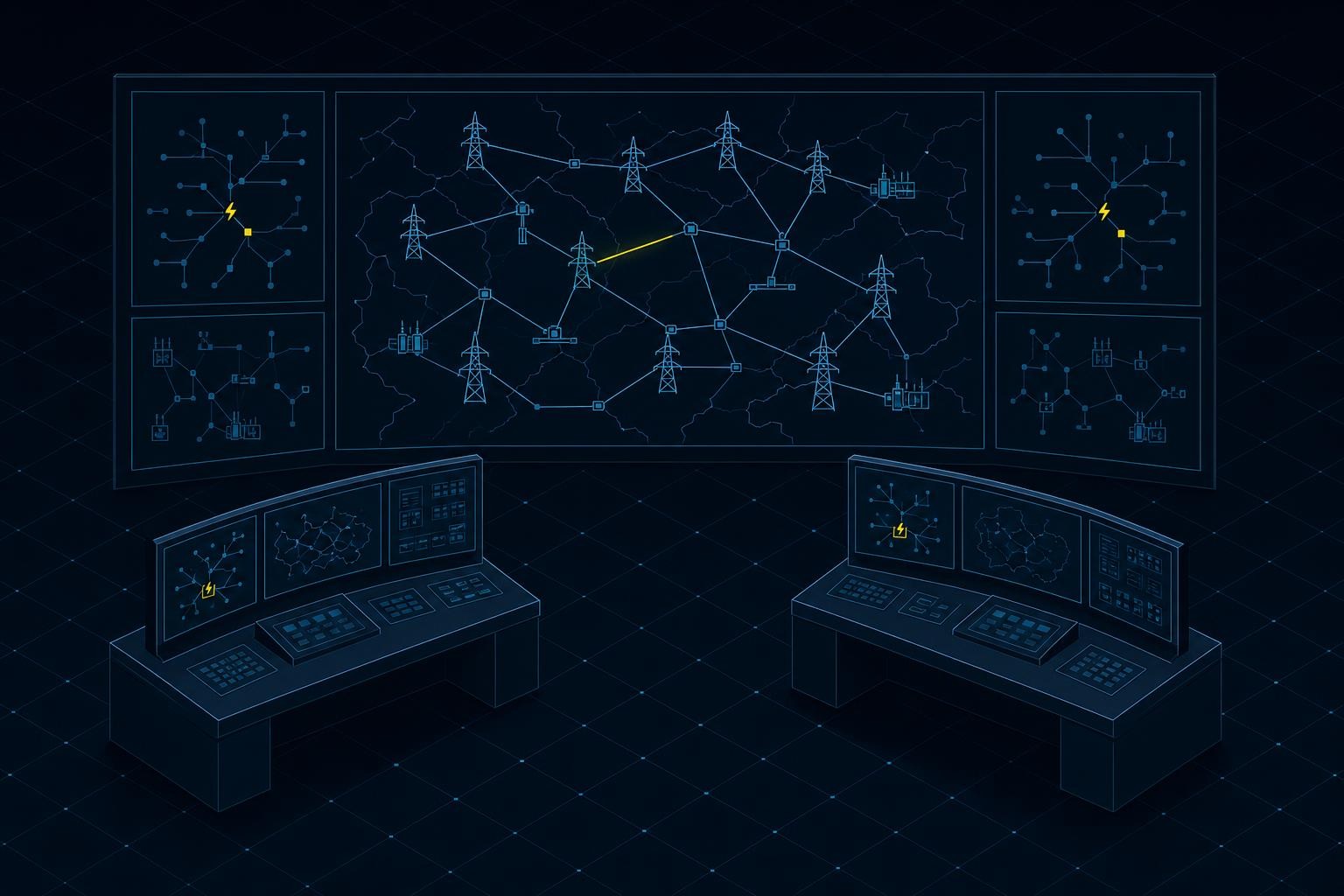 Isometric illustration of a utility grid control room at night, two operators at workstations monitoring real-time distribution maps with fault alerts highlighted in amber, large wall screens showing a network topology with one segment flagged, calm and focused atmosphere