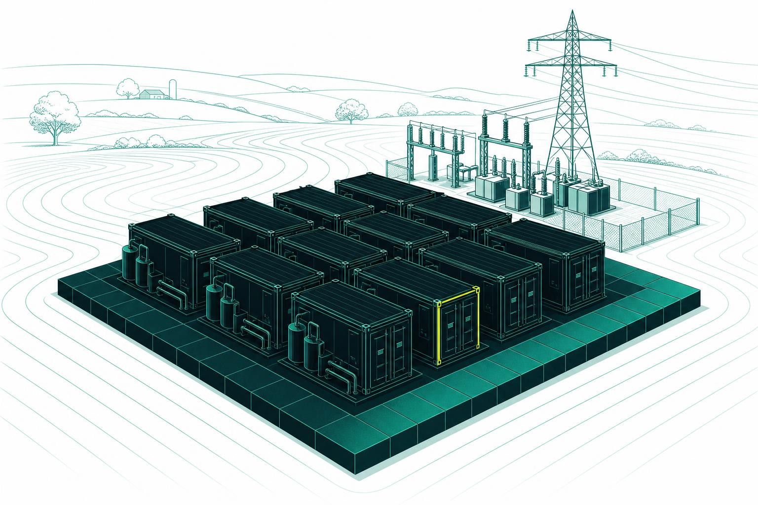 Isometric illustration of a modular vanadium flow battery installation at a rural electric substation, rows of grey battery containers on a concrete pad, flat agricultural landscape in the background, overcast Midwest sky