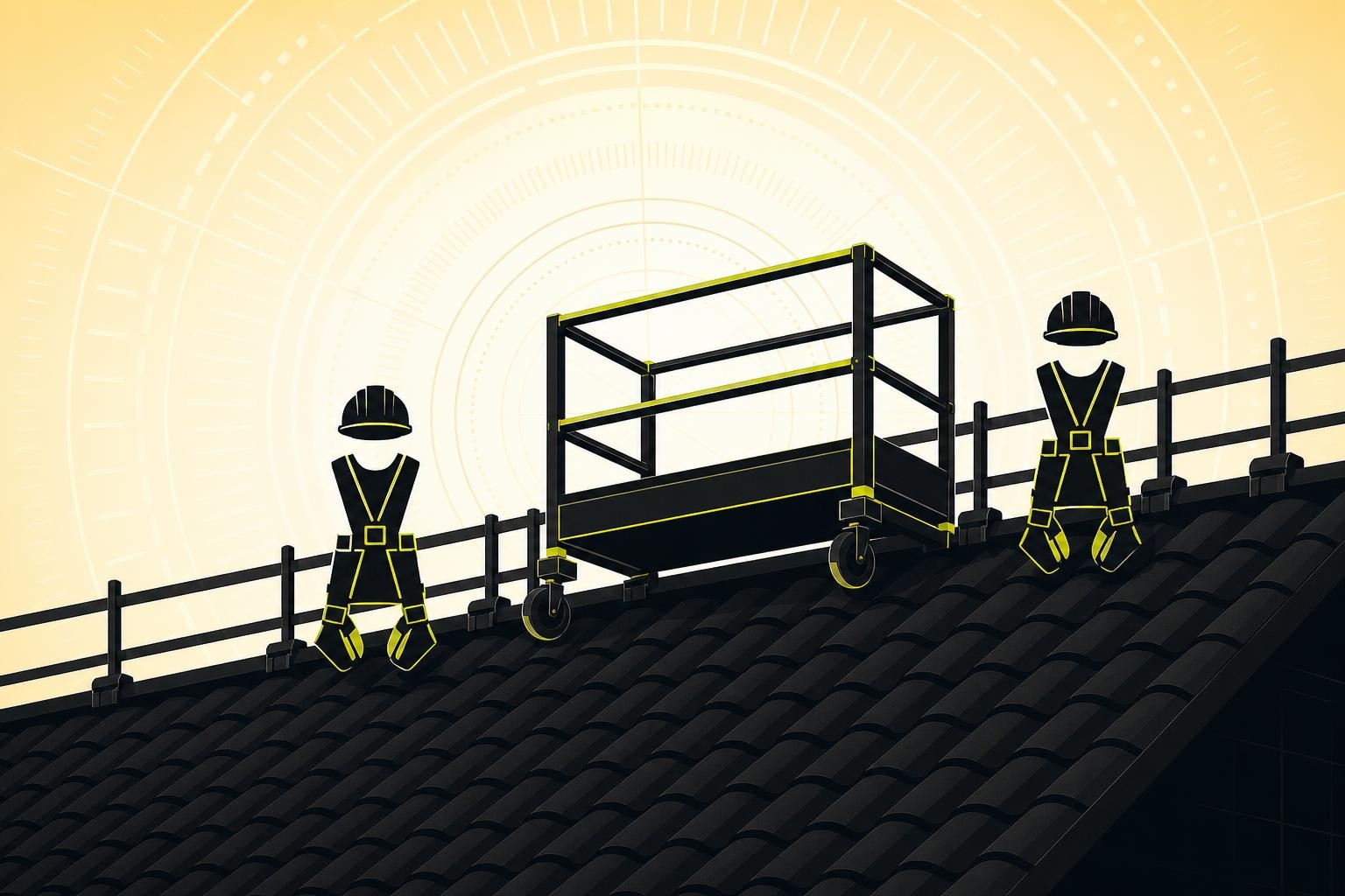Two workers in hard hats and harnesses assembling a mobile safety platform against a pitched tiled roof, with edge protection rails visible along the roofline, overcast daylight