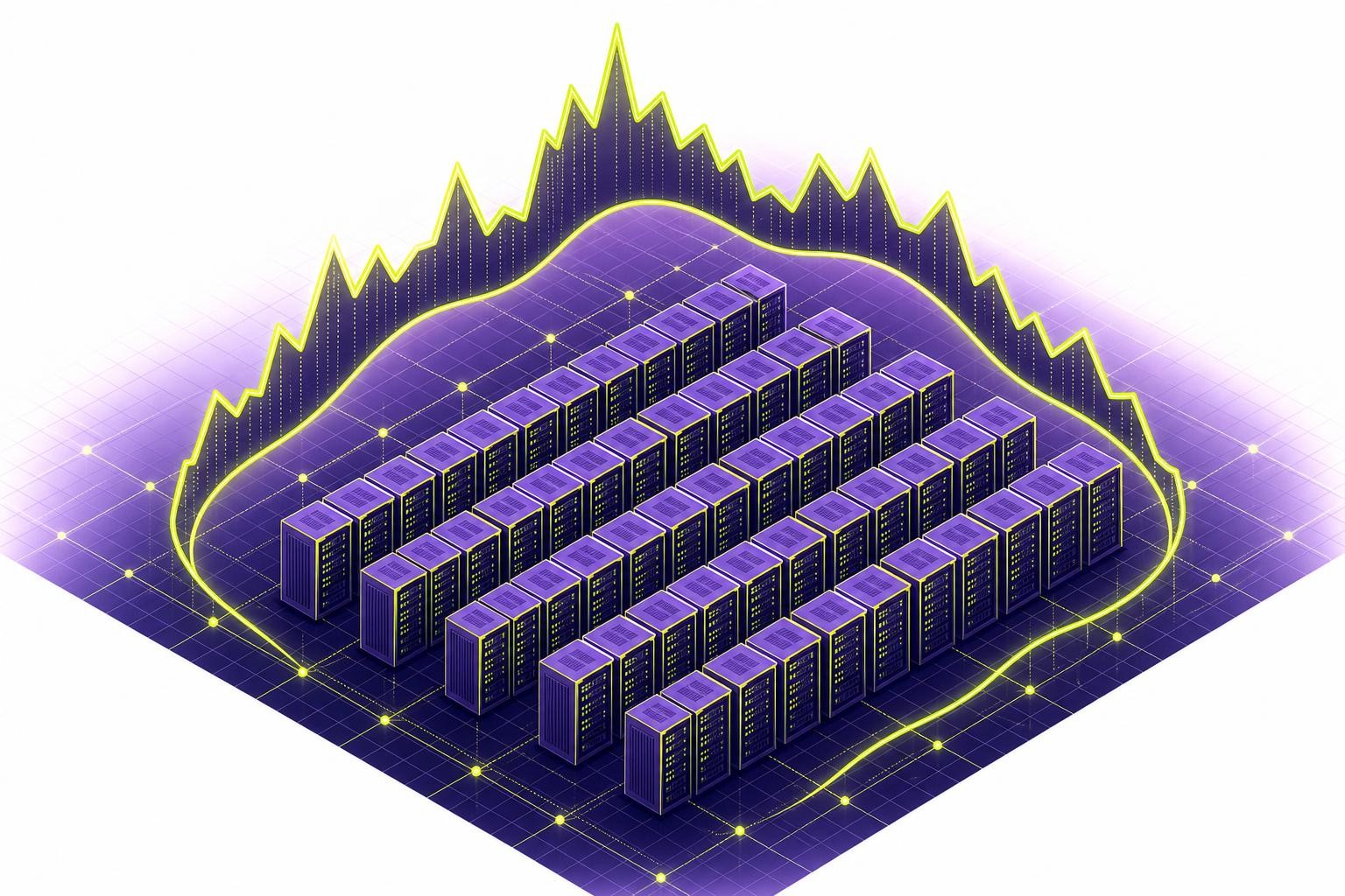 Isometric diagram of an AI data centre floor with rows of GPU server racks, overlaid with two power-demand curves: one jagged spike and one smooth ramp, illustrating workload staggering