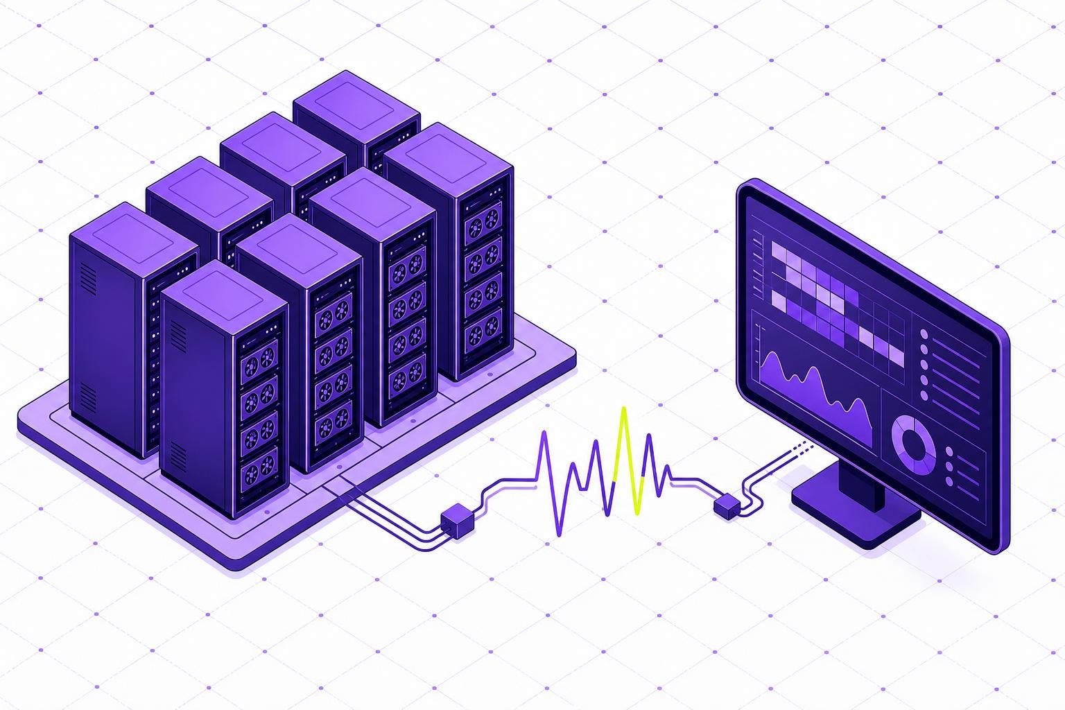 Isometric illustration of a data center server room with racks of GPU servers, overlaid with a simplified electricity grid signal waveform connecting to a workload scheduling dashboard on a monitor, clean technical aesthetic